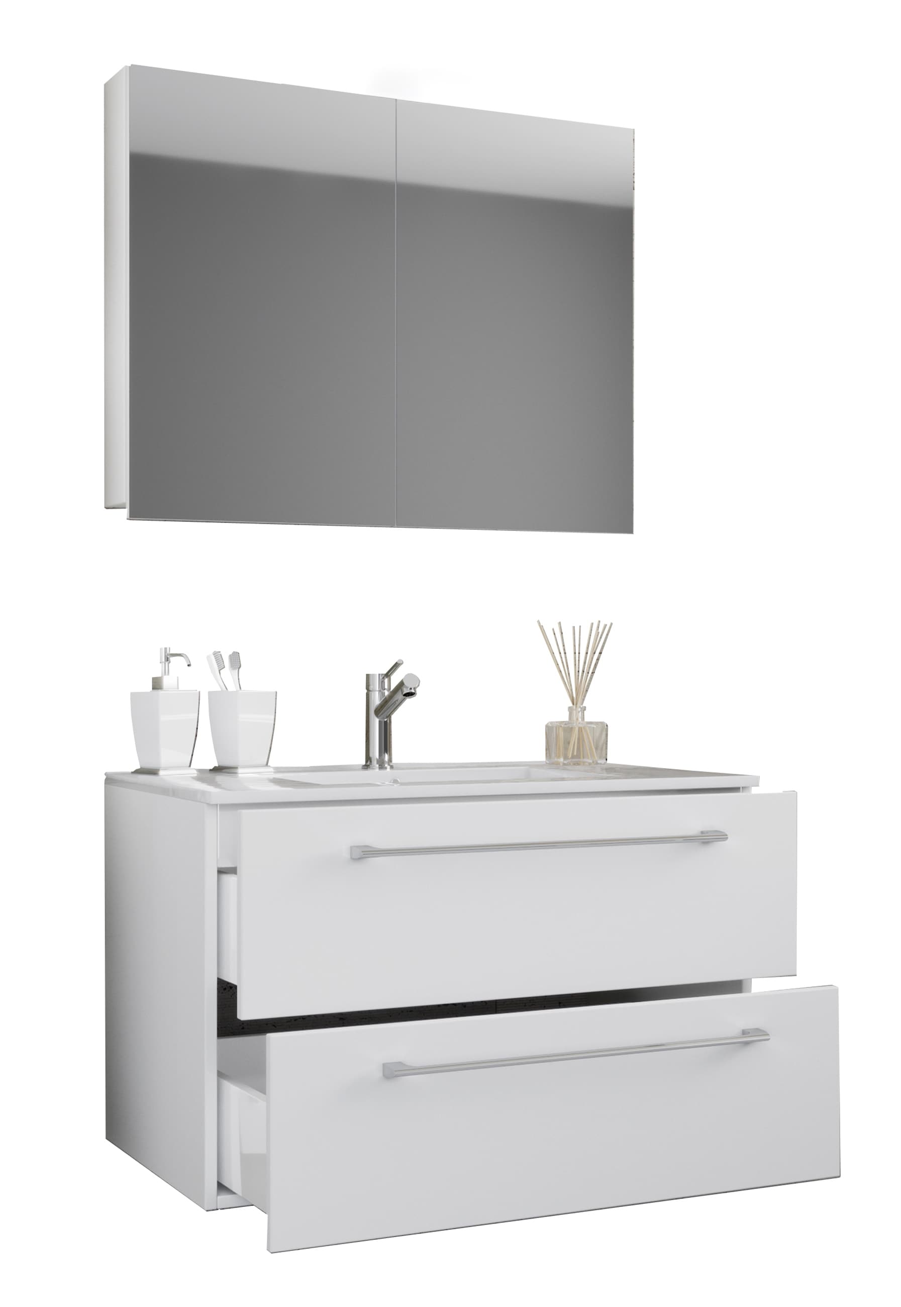 VCM 3-tlg. Waschplatz Waschtisch | Waschbecken Unterschrank Breite 80 cm | Badm&ouml;bel Set h&auml;ngend mit zwei Schubladen Spiegelschrank | Badinos 