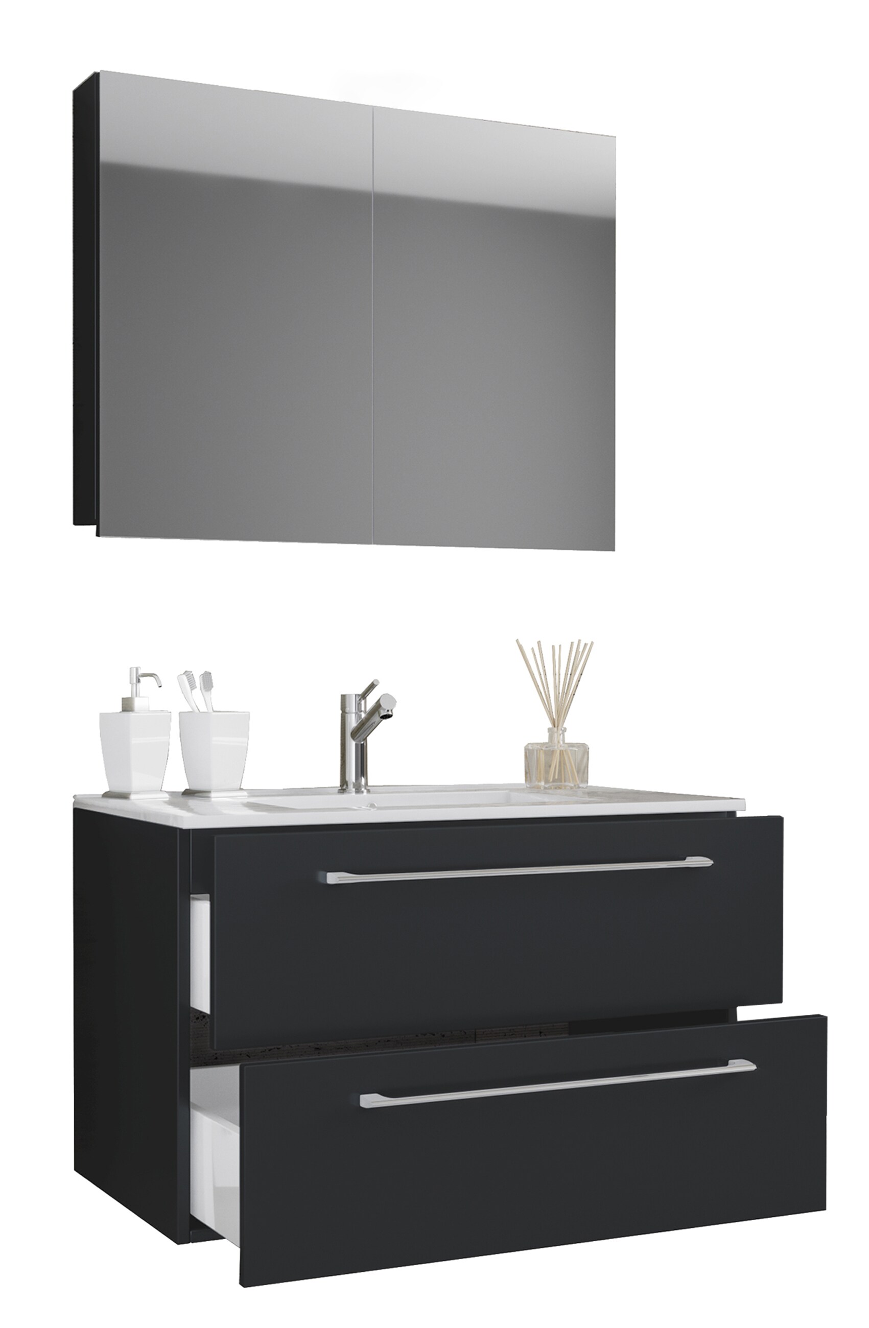 VCM 3-tlg. Waschplatz Waschtisch | Waschbecken Unterschrank Breite 80 cm | Badm&ouml;bel Set h&auml;ngend mit zwei Schubladen Spiegelschrank | Badinos 