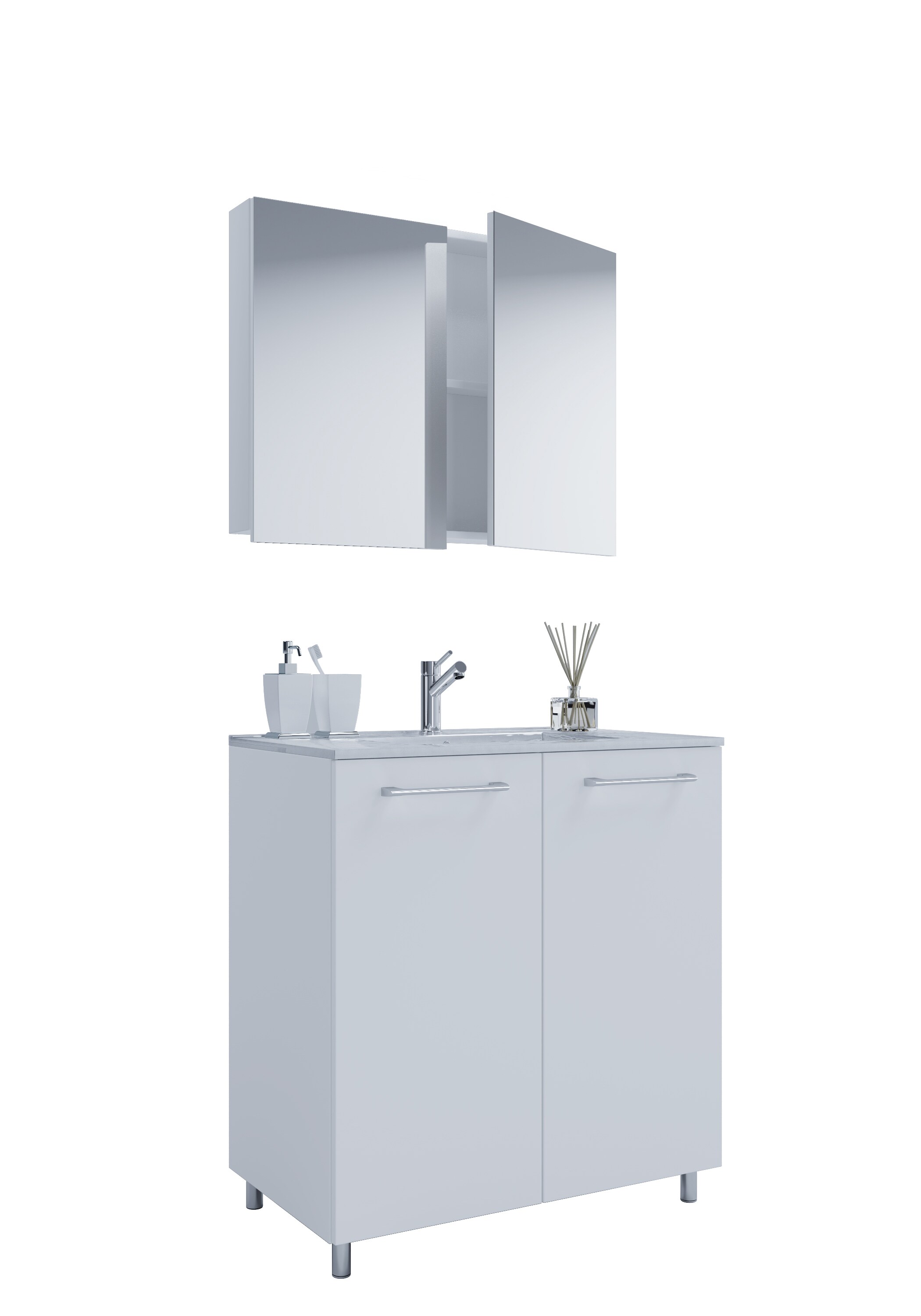 VCM 3-tlg. Set | 1 Waschtisch mit Dreht&uuml;ren, 1 Spiegelschrank, 1 Waschbecken | Keramik Waschbecken | Unterschrank 80 cm | Waschplatz | Badm&ouml;bel Set &ndash; Badinos 