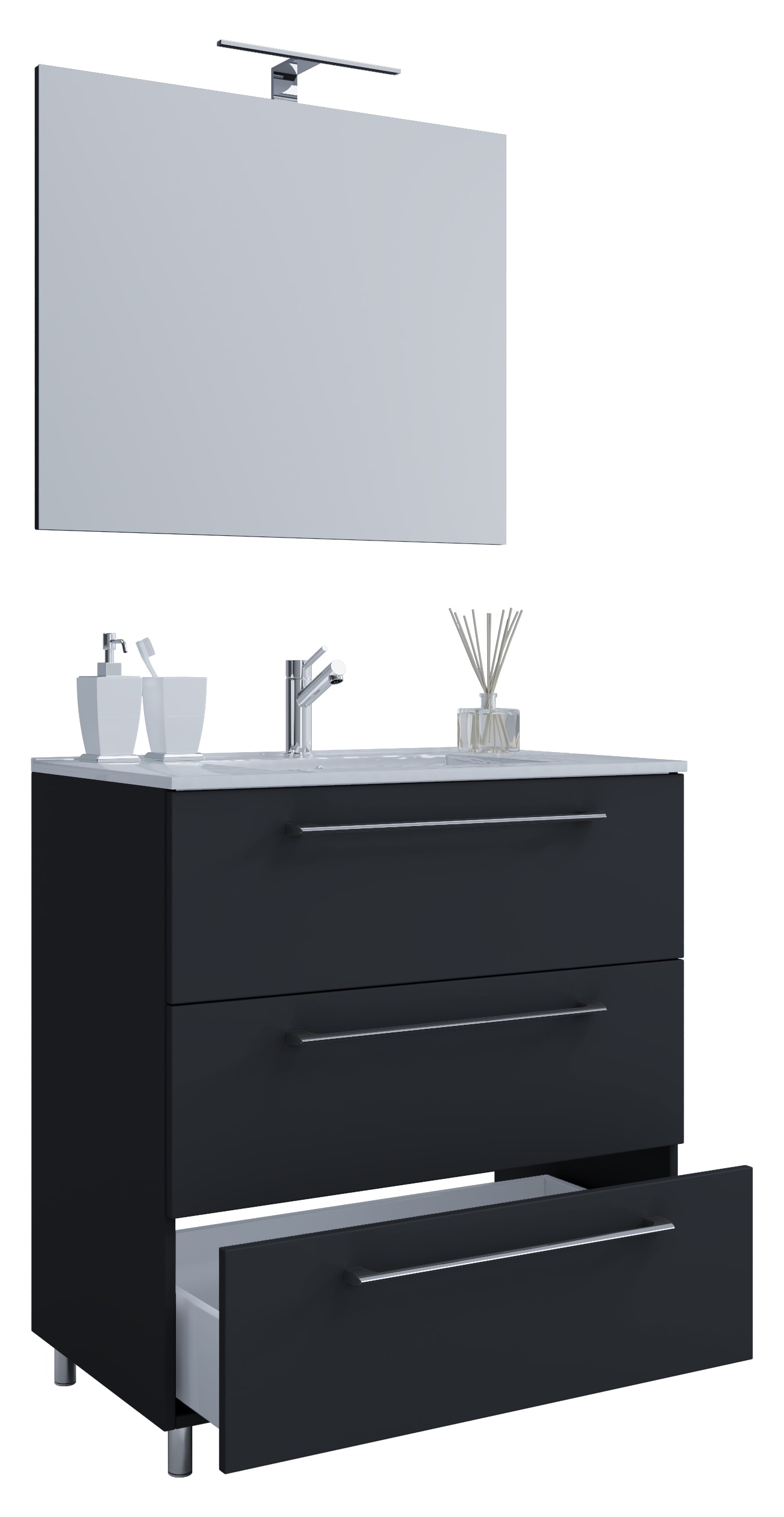 VCM 3-tlg. Waschplatz Waschtisch | Waschbecken Unterschrank Breite 60 cm | Badm&ouml;bel Set stehend mit drei Schubladen Spiegel | Badinos 