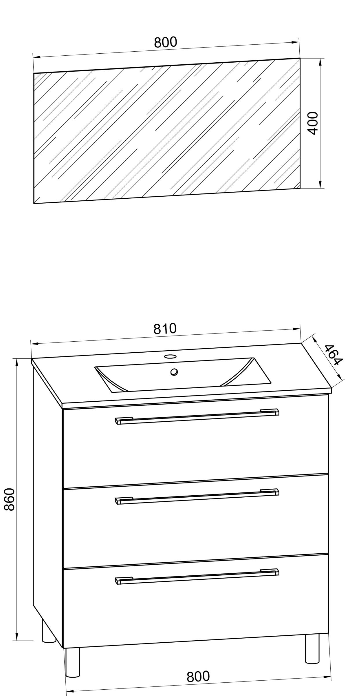 VCM 3-tlg. Waschplatz Waschtisch | Waschbecken Unterschrank Breite 80 cm | Badm&ouml;bel Set stehend mit drei Schubladen Spiegel | Badinos 