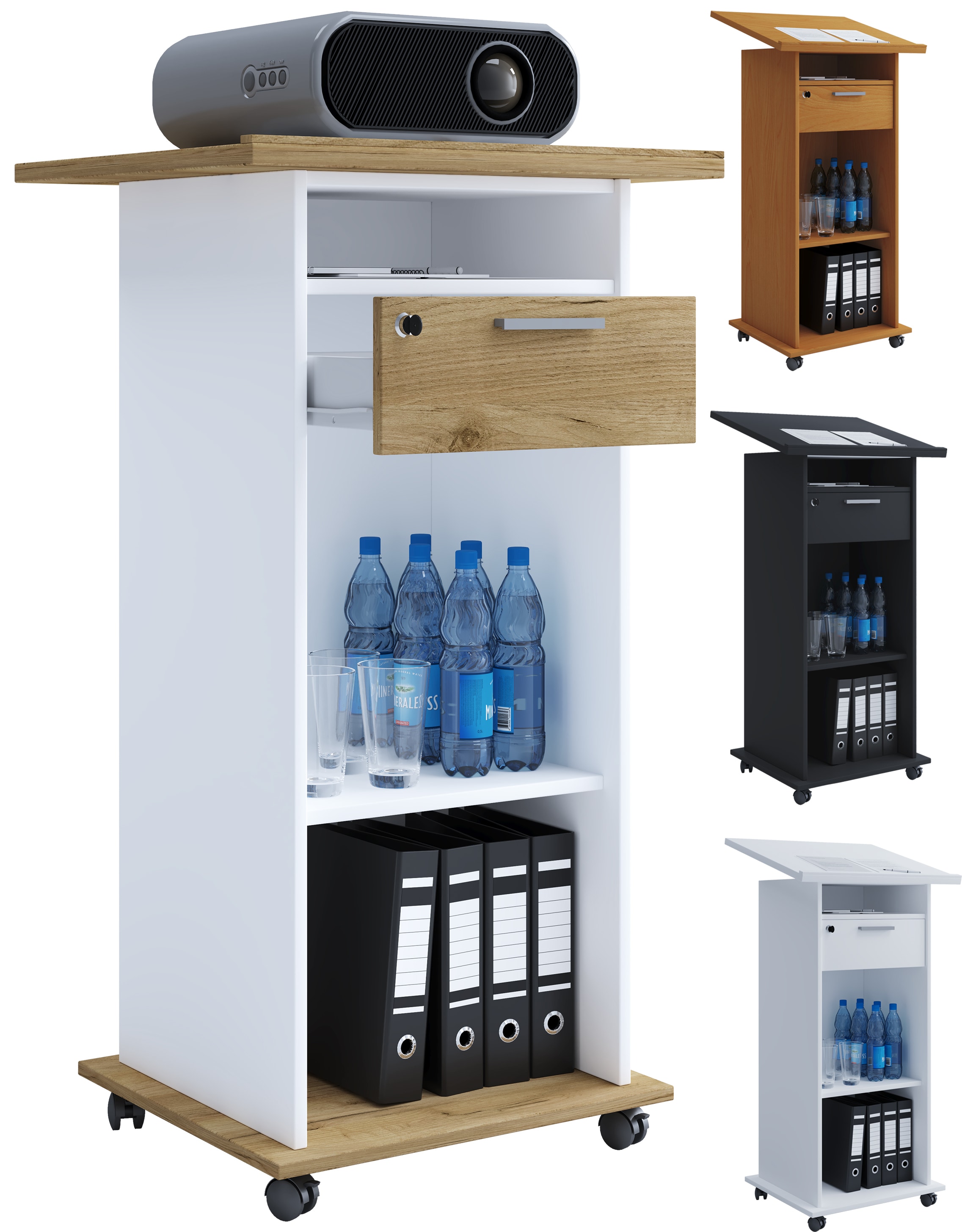 VCM Holz Standschreibtisch | ideal f&uuml;r Beamer oder Projektor mit Rollen | Ma&szlig;e: H. 108 x B. 60 x T. 50 cm | Pultfl&auml;che neigbar | Schublade abschlie&szlig;bar - Neta 