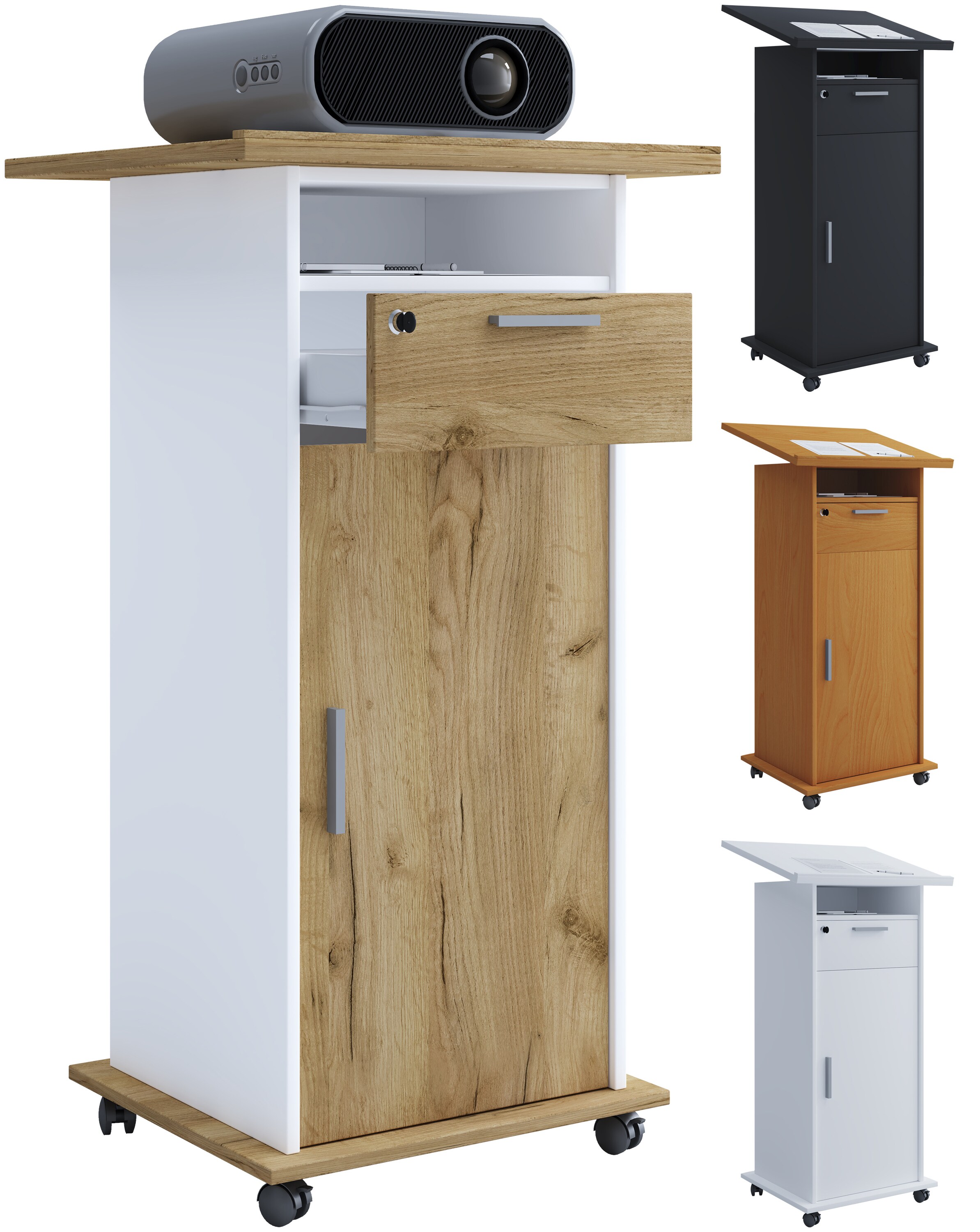 VCM Holz Standschreibtisch | ideal f&uuml;r Beamer oder Projektor mit Rollen und T&uuml;r | Ma&szlig;e: H. 108 x B. 60 x T. 50 cm | Pultfl&auml;che neigbar | Schublade abschlie&szlig;bar - Neta 