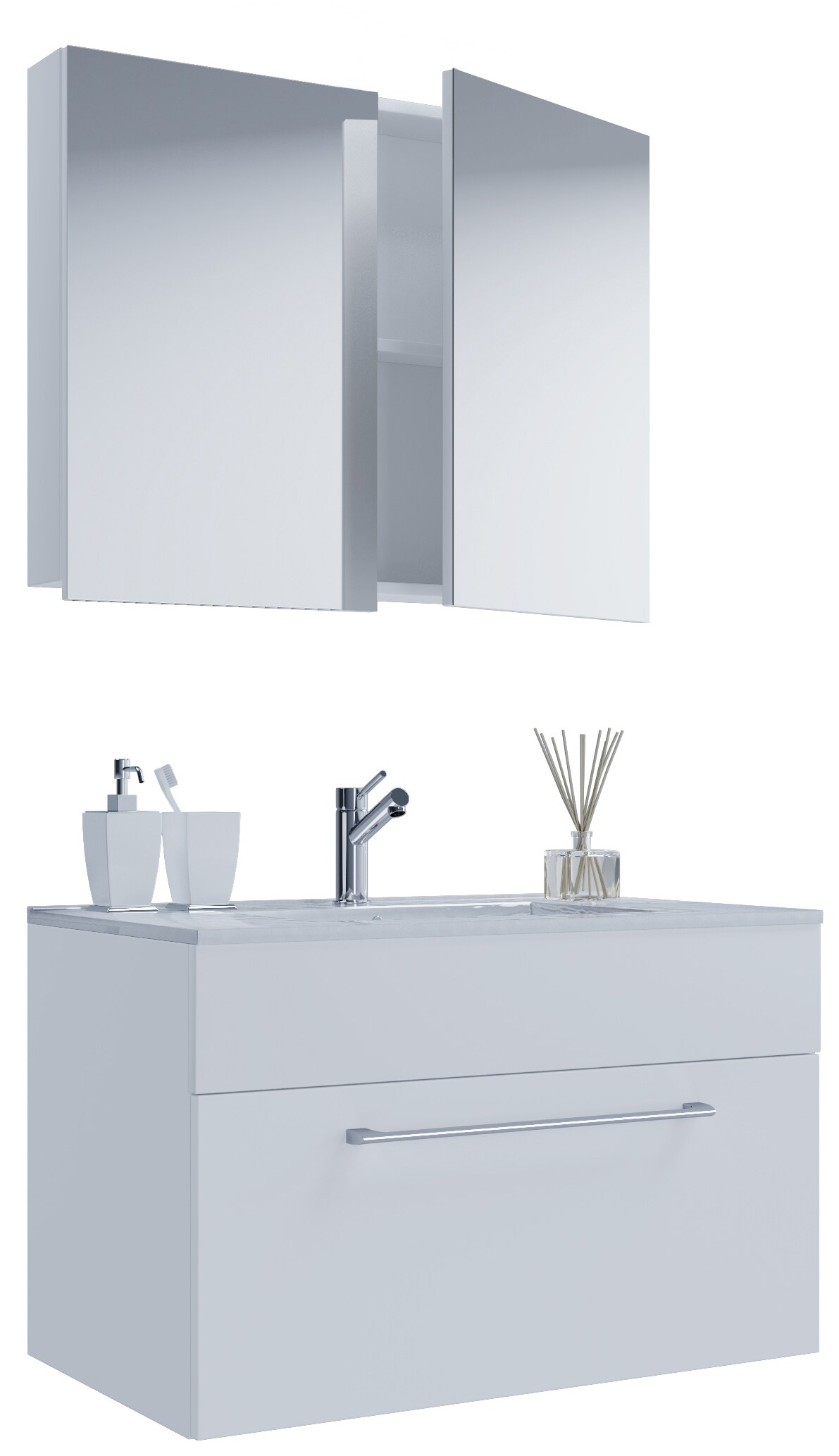 VCM 3-tlg. Waschplatz Waschtisch | Waschbecken Unterschrank Breite 80 cm | Badm&ouml;bel Set h&auml;ngend mit einer Schublade Spiegelschrank | Badinos 