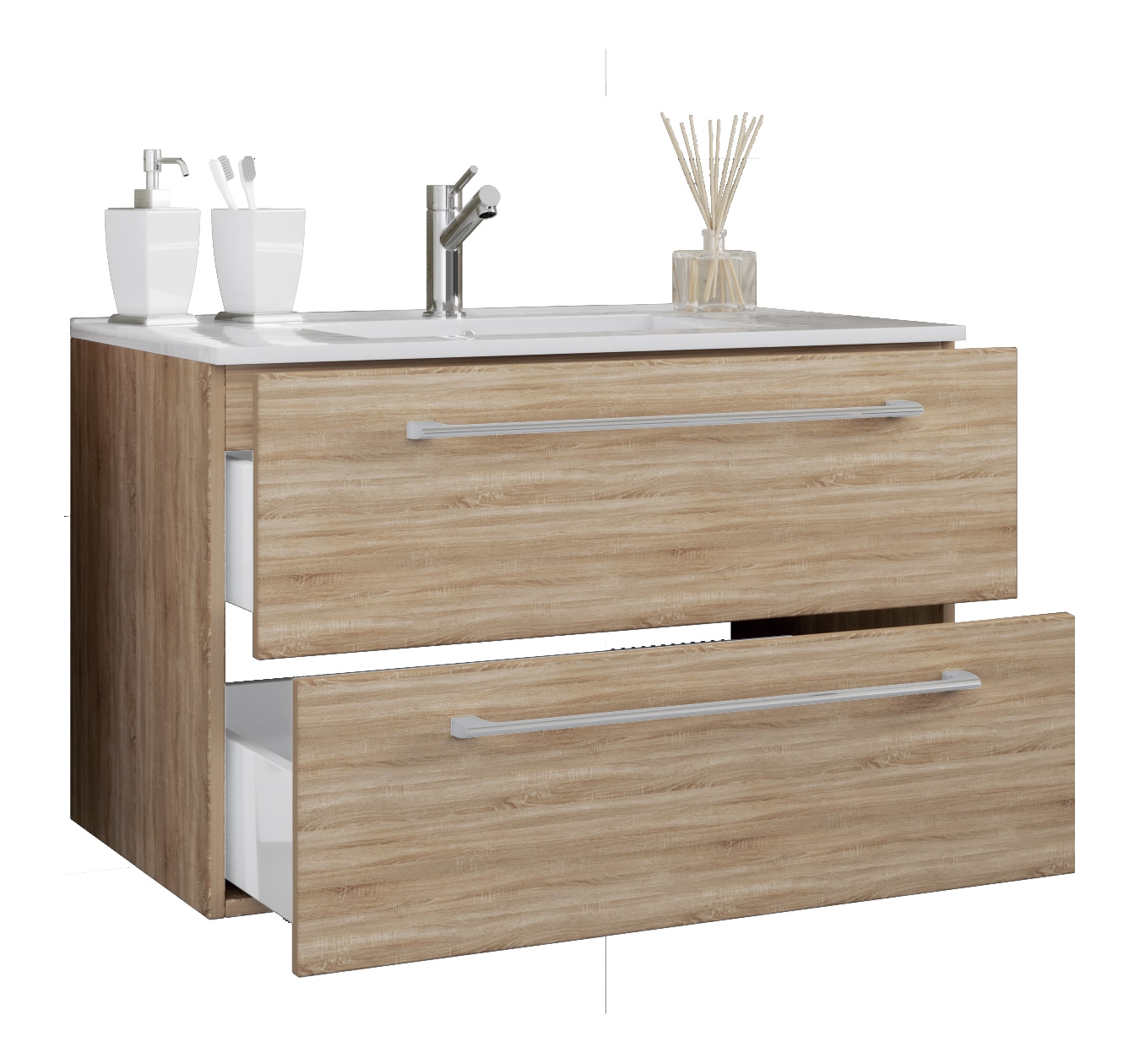 VCM 2-tlg. Waschplatz Waschtisch | Waschbecken Unterschrank Breite 80 cm | Badm&ouml;bel Set h&auml;ngend mit zwei Schubladen | Badinos 