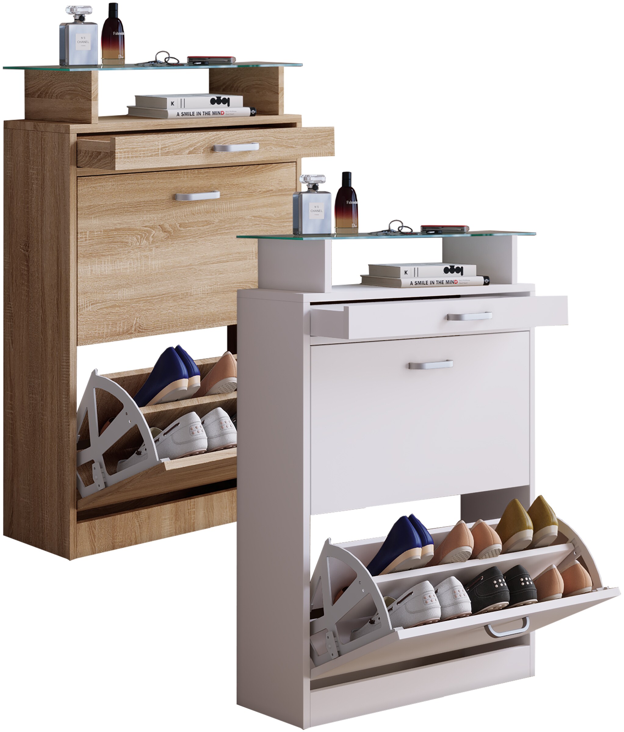 VCM Holz Schuhschrank | Ma&szlig;e: H. 91 x B. 59 x T. 22 cm | 2 Klappen | schmale Schublade | praktische Ablage - Sipos M 