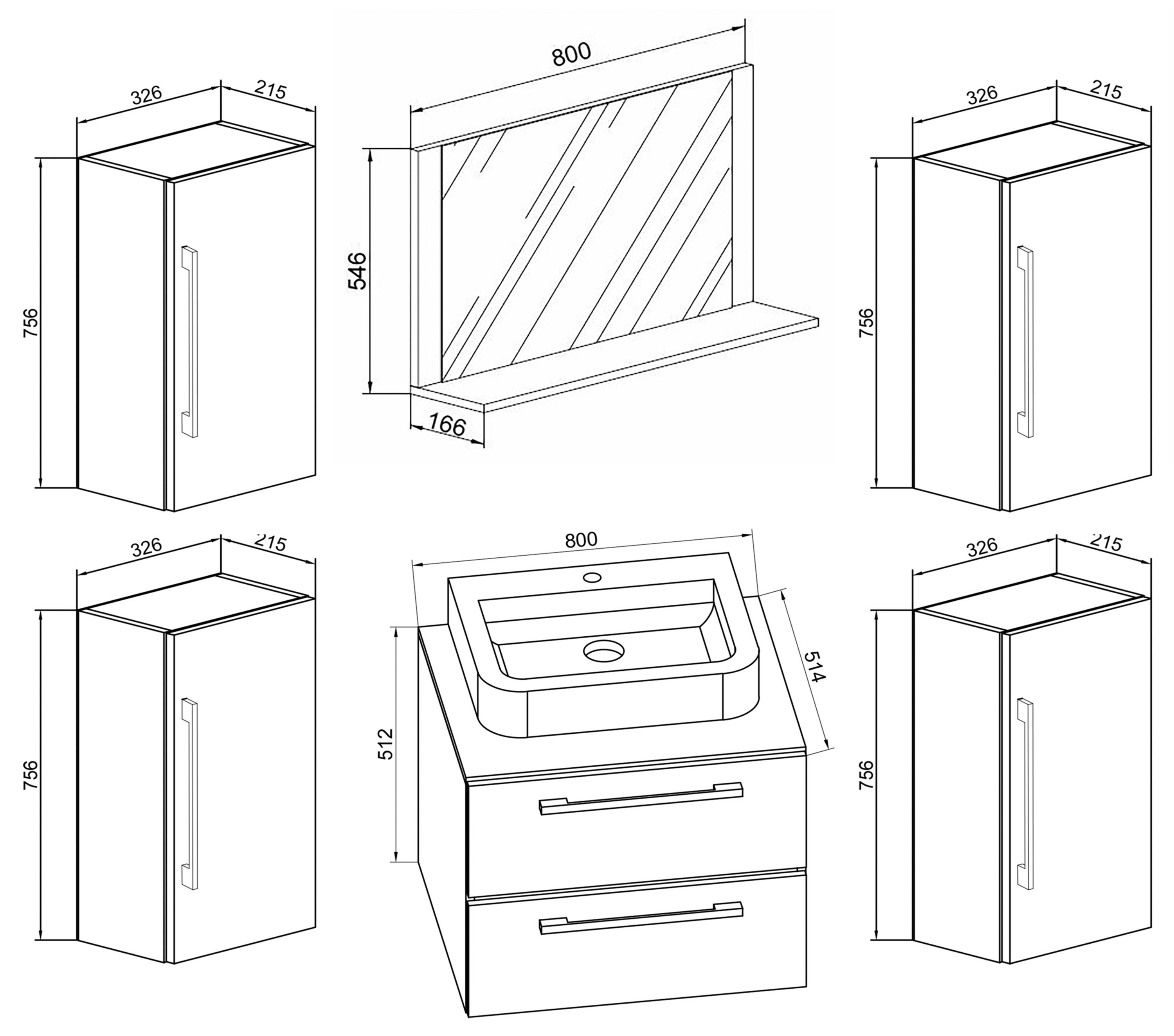 VCM 5-tlg. Waschplatz Waschtisch | Waschbecken Unterschrank Breite 60 cm | Badm&ouml;bel Set mit Schubladen Dreht&uuml;ren Spiegel | Badinos 