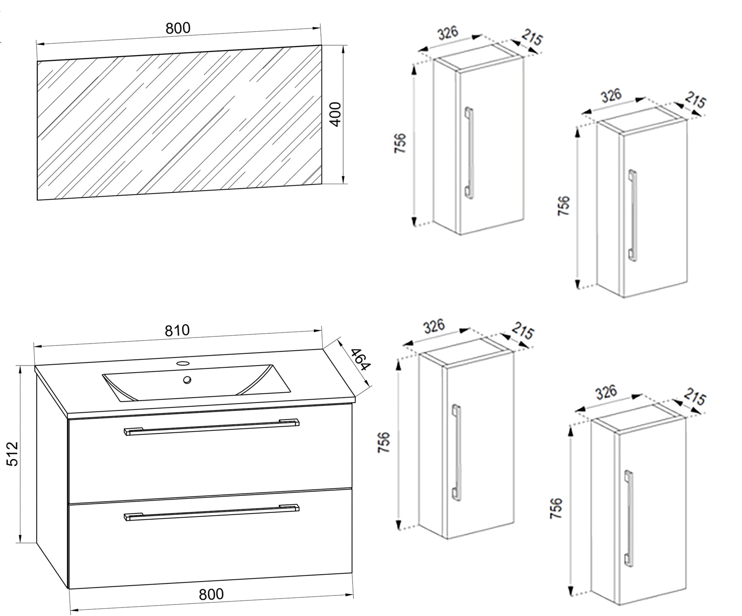 VCM 5-tlg. Waschplatz Waschtisch | Waschbecken Unterschrank Breite 80 cm | Badm&ouml;bel Set mit Schubladen Dreht&uuml;ren Spiegel | Badinos 