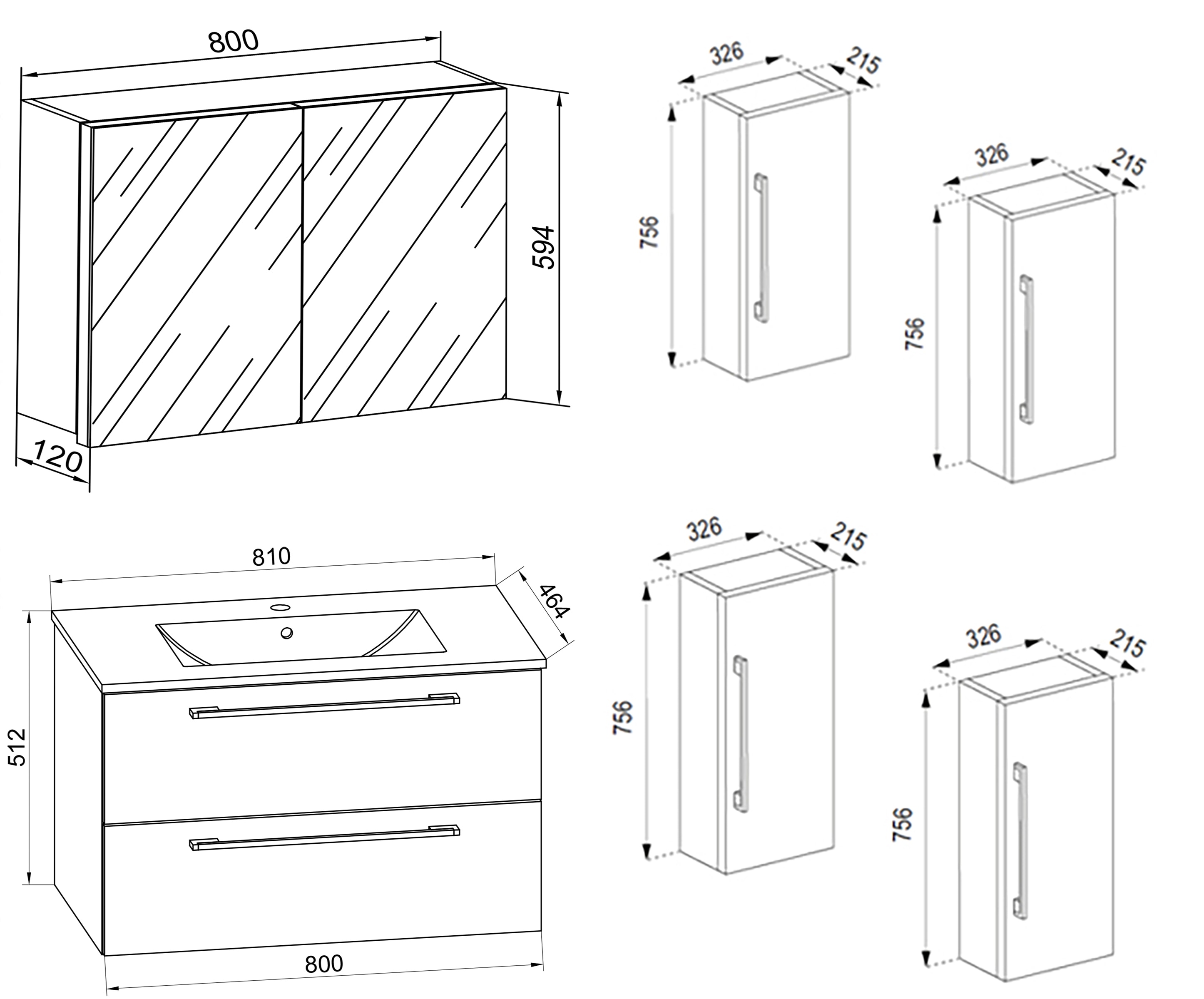 VCM 5-tlg. Waschplatz Waschtisch | Waschbecken Unterschrank Breite 80 cm | Badm&ouml;bel Set mit Schubladen Dreht&uuml;ren Spiegelschrank | Badinos 