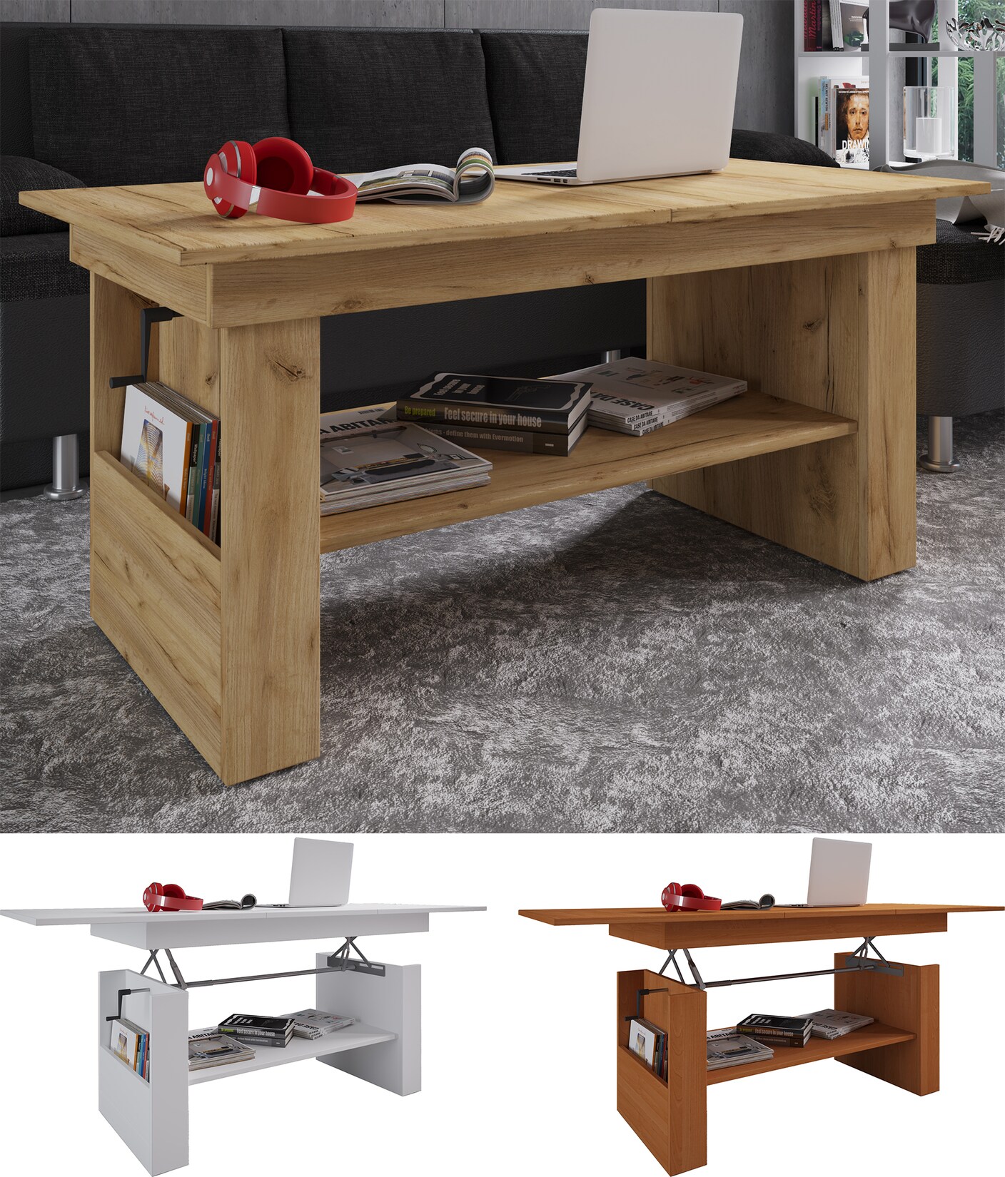 VCM Holz Couchtisch schlicht Maße ca. H. 52 x B. 115 x T. 58 cm Wohnzimmertisch - Kobila höhenverstellbar ausziehbar