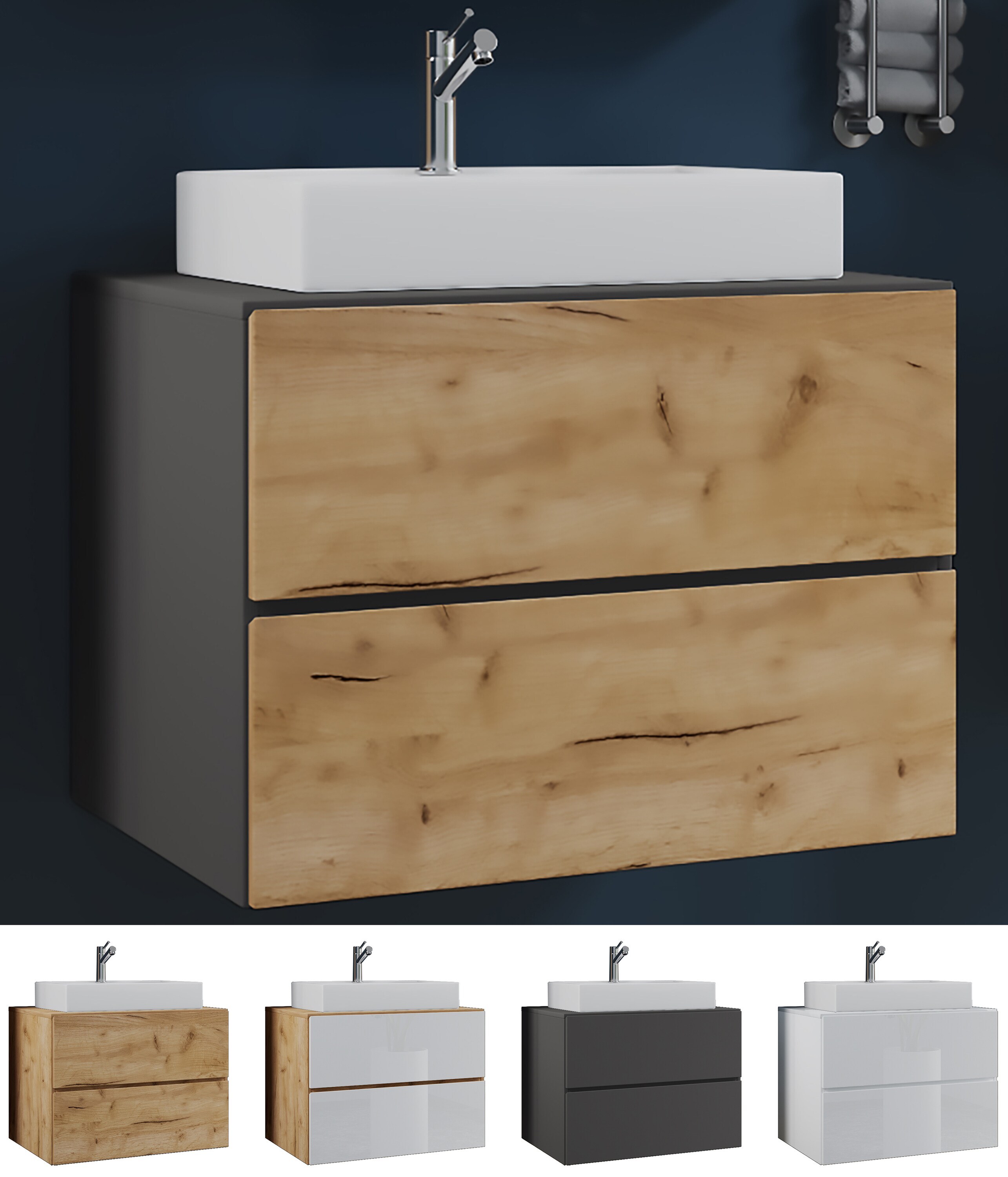 VCM 2-tlg. Waschplatz Waschtisch | Waschbecken Unterschrank Breite 60 cm | Badm&ouml;bel Set mit Schubladen | Lendas 