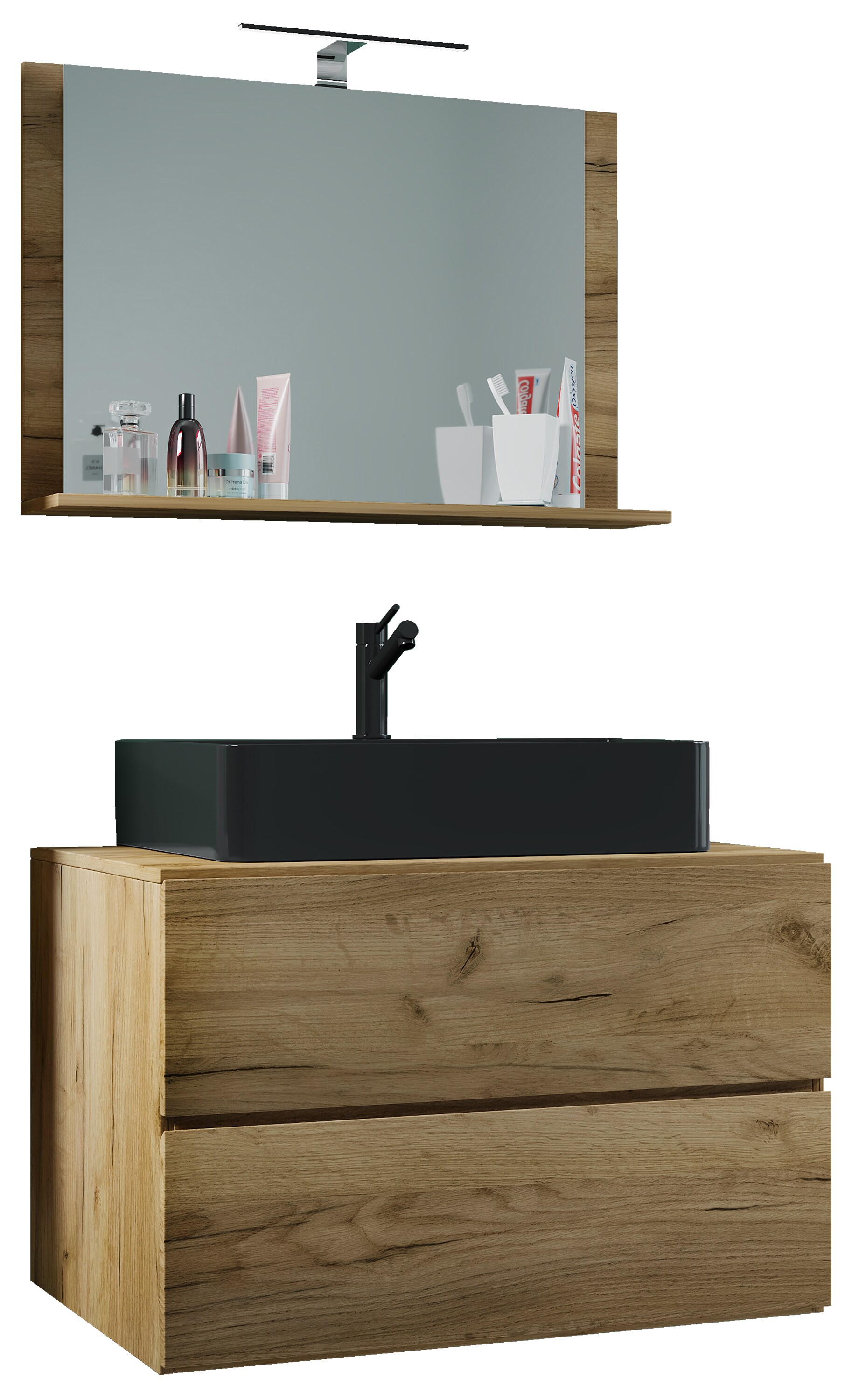 VCM 3-tlg. Waschplatz Waschtisch | Waschbecken Unterschrank Breite 80 cm | Badm&ouml;bel Set mit Schubladen Spiegel | Lendas M 