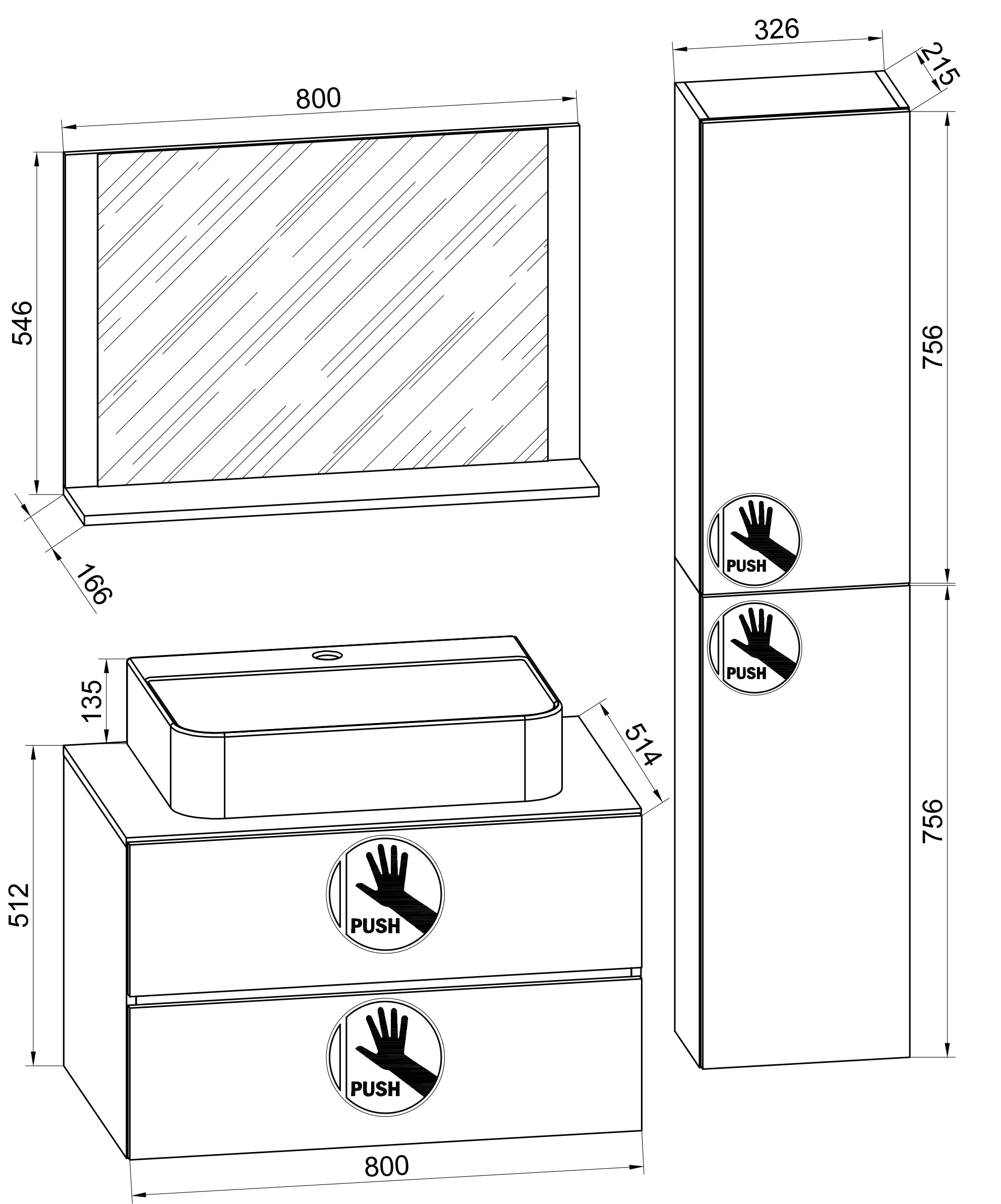 VCM 4-tlg. Waschplatz Waschtisch | Waschbecken Unterschrank Breite 60 cm | Badm&ouml;bel Set mit Schubladen Dreht&uuml;ren Spiegel | Lendas L 