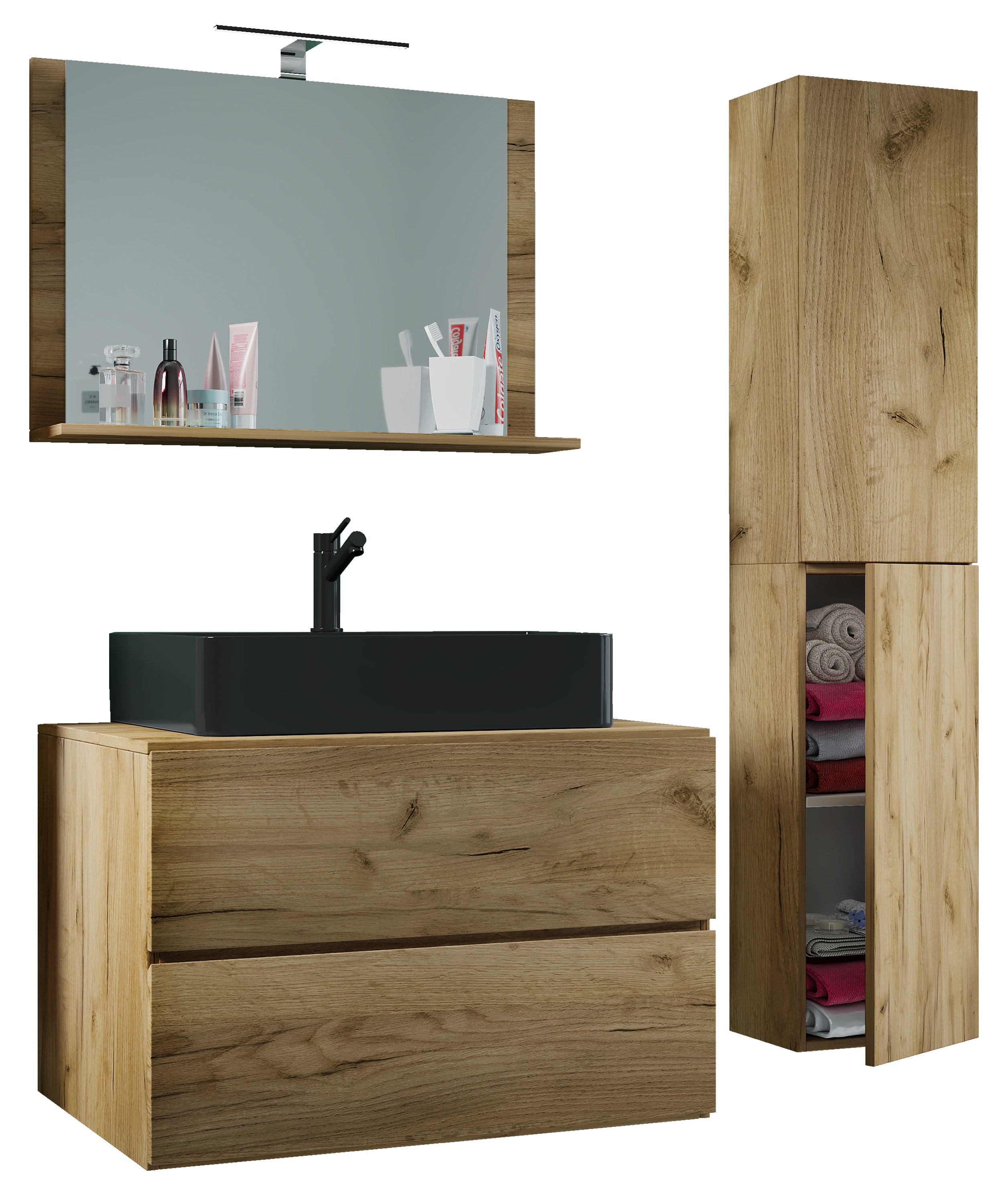 VCM 4-tlg. Waschplatz Waschtisch | Waschbecken Unterschrank Breite 80 cm | Badm&ouml;bel Set mit Schubladen Dreht&uuml;ren Spiegel | Lendas L 