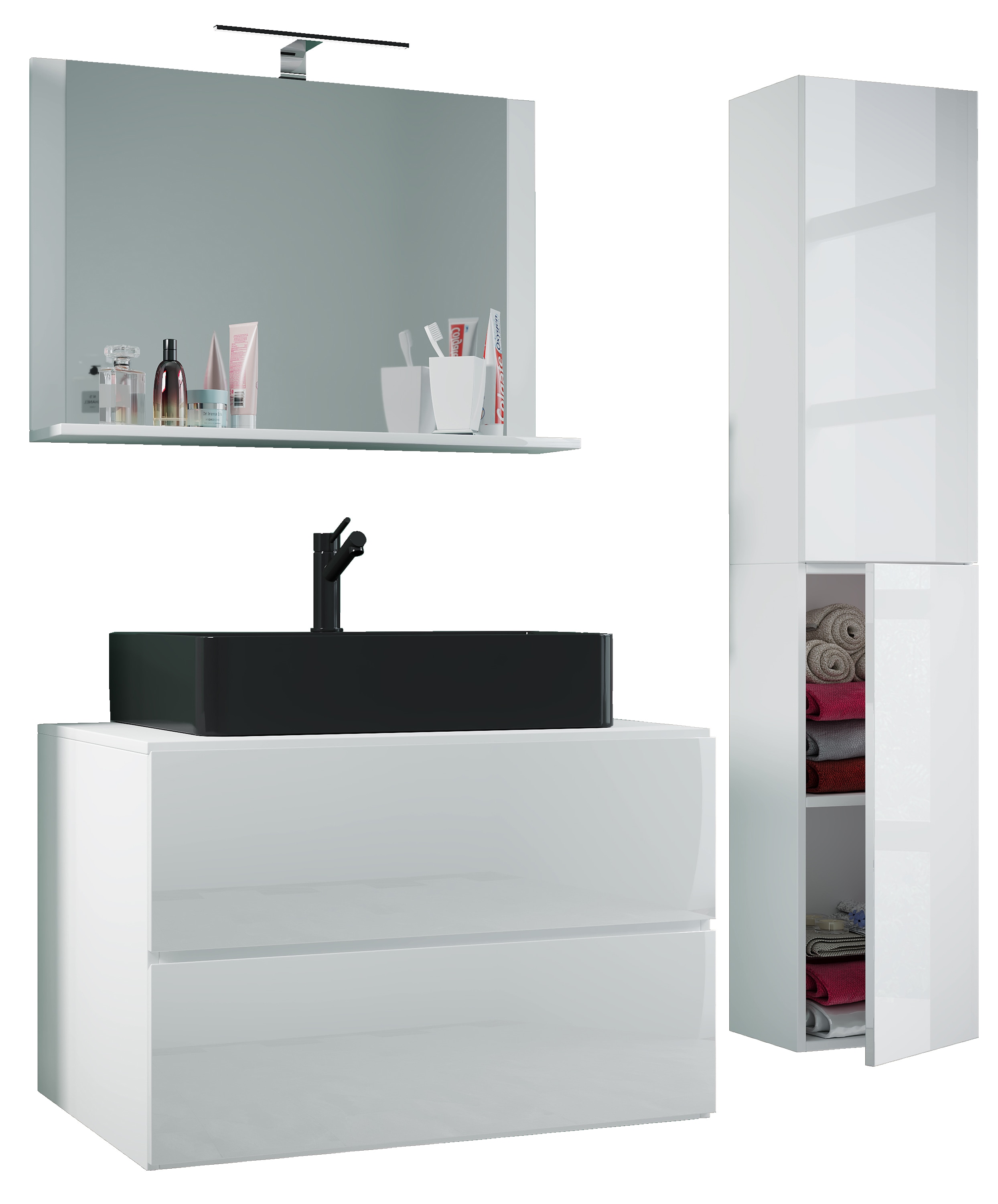 VCM 4-tlg. Waschplatz Waschtisch | Waschbecken Unterschrank Breite 80 cm | Badm&ouml;bel Set mit Schubladen Dreht&uuml;ren Spiegel | Lendas L 