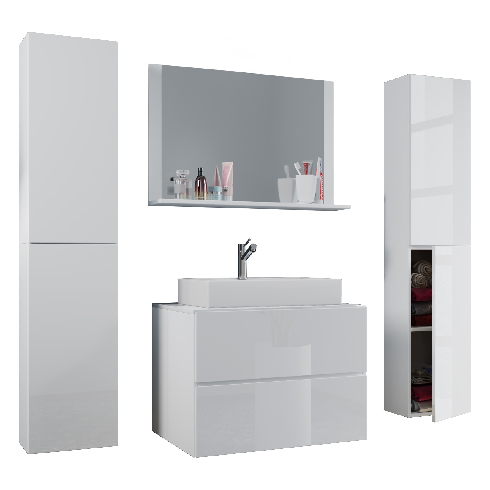 VCM 5-tlg. Waschplatz Waschtisch | Waschbecken Unterschrank Breite 80 cm | Badm&ouml;bel Set mit Schubladen Dreht&uuml;ren Spiegel | Lendas XL 