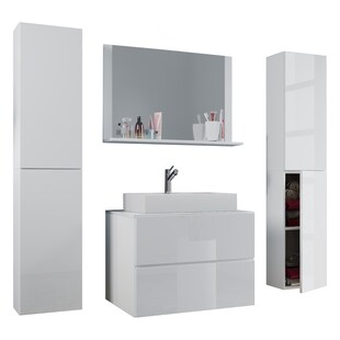 VCM 5-tlg. Waschplatz Waschtisch | Waschbecken Unterschrank Breite 80 cm | Badmöbel Set mit Schubladen Drehtüren Spiegel | Lendas XL 