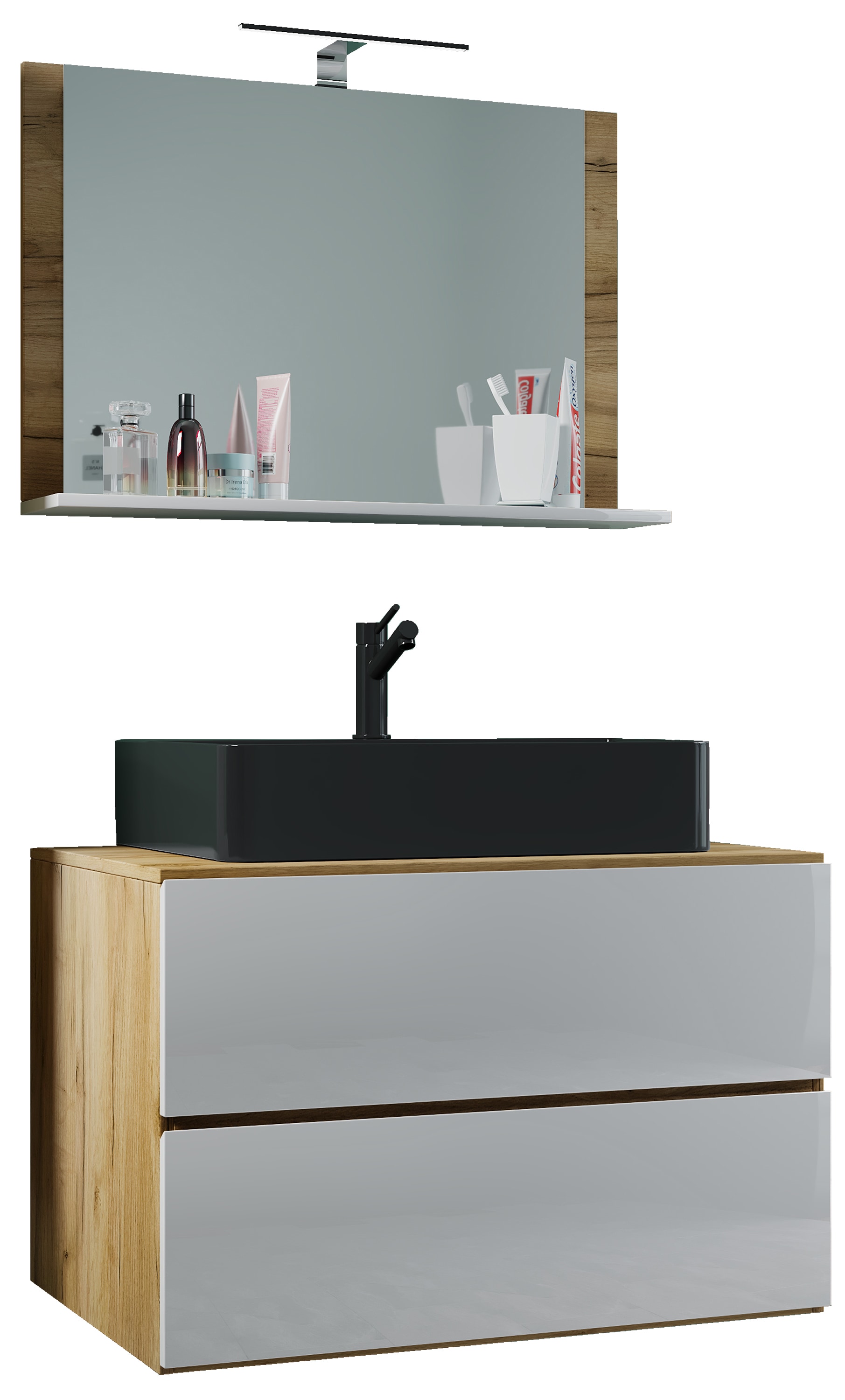 VCM 3-tlg. Waschplatz Waschtisch | Waschbecken Unterschrank Breite 80 cm | Badm&ouml;bel Set mit Schubladen Spiegel | Lendas M 