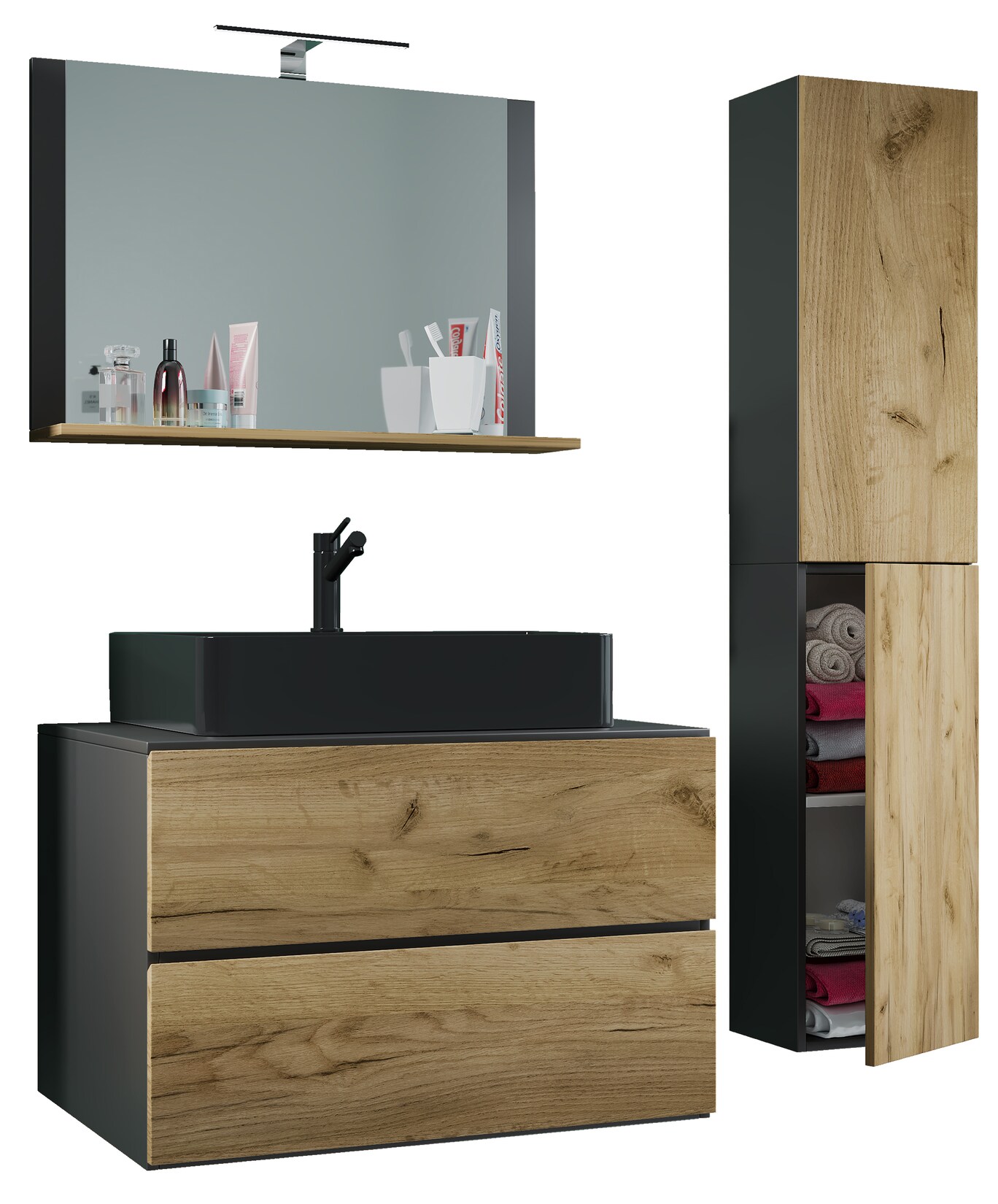 VCM 4-tlg. Waschplatz Waschtisch   Waschbecken Unterschrank Breite 80 cm   Badmöbel Set mit Schubladen Drehtüren Spiegel   Lendas L
