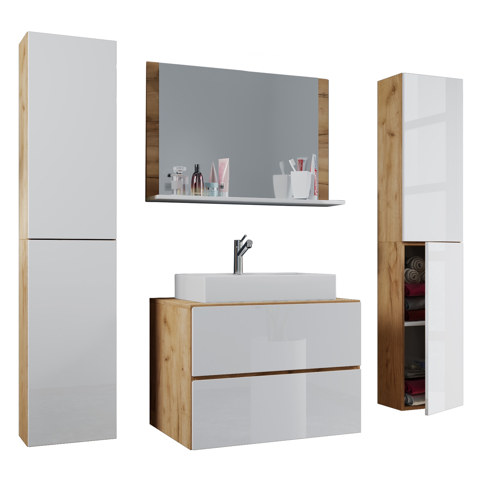 VCM 5-tlg. Waschplatz Waschtisch | Waschbecken Unterschrank Breite 80 cm | Badm&ouml;bel Set mit Schubladen Dreht&uuml;ren Spiegel | Lendas XL 