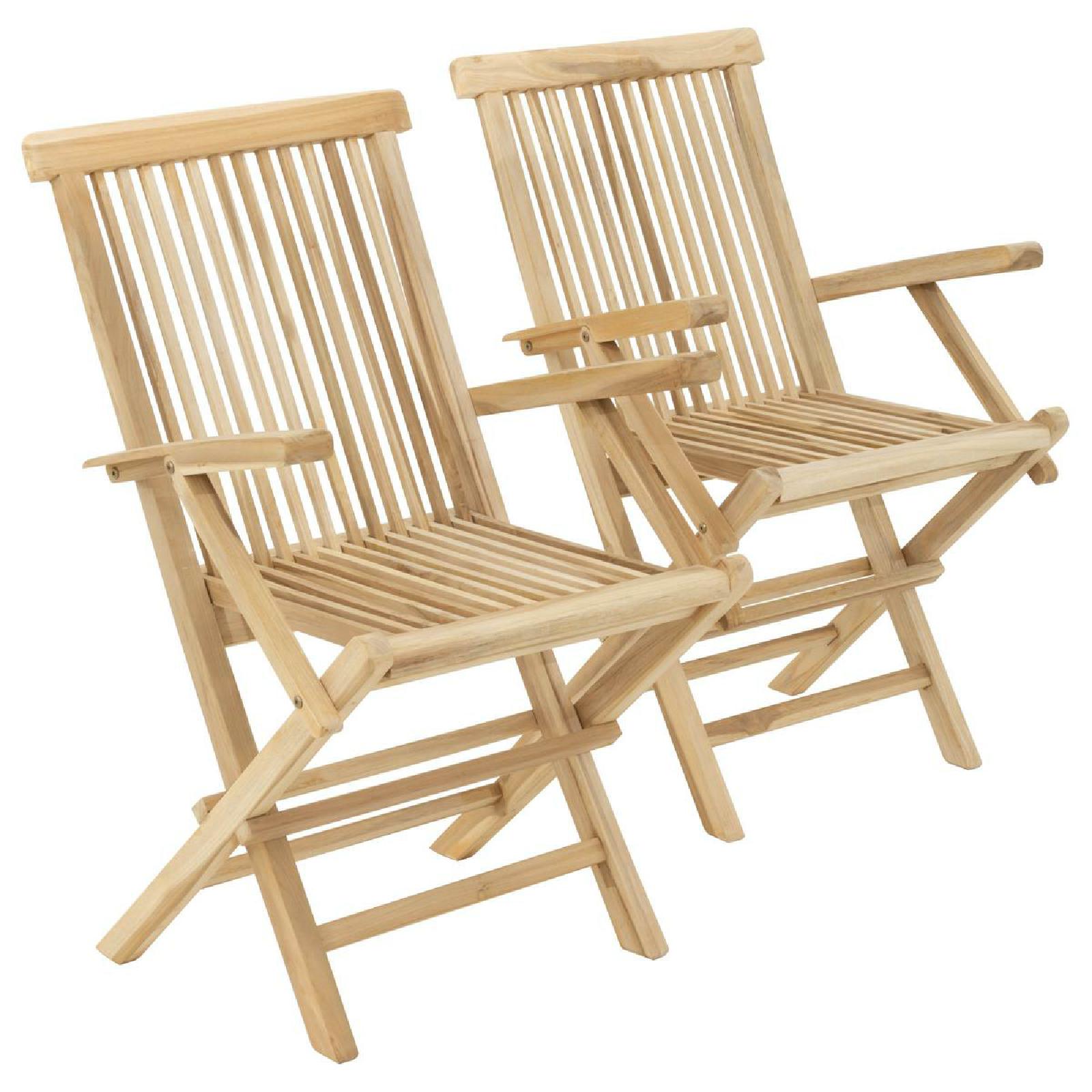 VCM 2er Set Stuhl Teak Holz  | klappbar | massiv Holzstuhl Armlehne unbehandelt | Ma&szlig;e ca. H. 89cm, B. 57cm, T. 62cm 