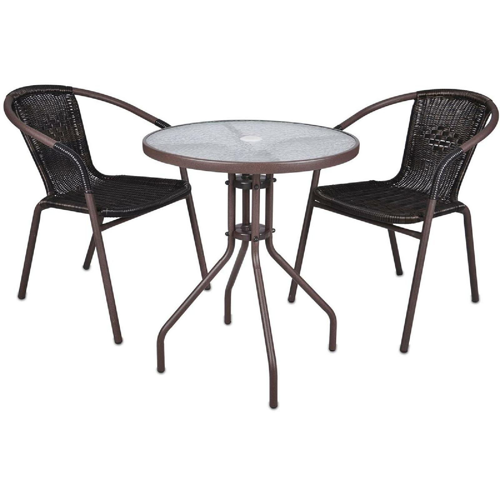 VCM 3-tlg. Bistroset | Balkonset | Gartentisch: Durchmesser 60 cm, H&ouml;he: 72 cm | Stuhl | braune Sitzgarnitur | Bistrostuhl Poly-Rattan 