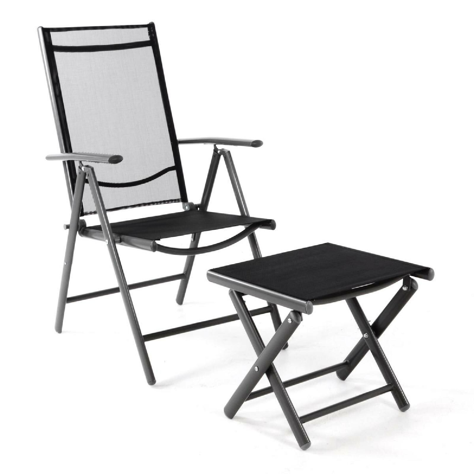 Set Klappstuhl  Gartenstuhl + Hocker    schwarz   Rahmen anthrazit   klappbar   verstellbare Lehne   Maße B. 56 x T. 65 x H. 105cm