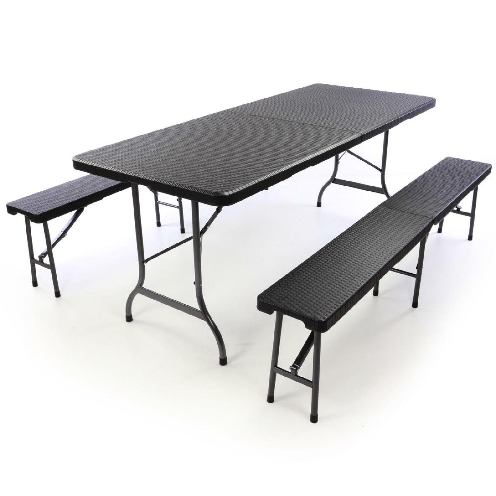 VCM 3-tlg. Gartenm&ouml;belset | Gartengarnitur 1 Tisch 2 B&auml;nke klappbar | Rattan-Optik | Bierzeltgarnitur Set | 180 cm 