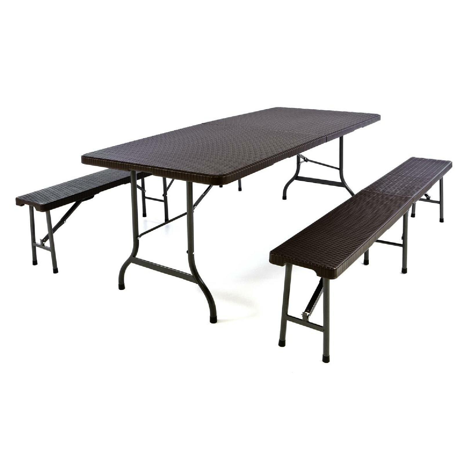 VCM 3-tlg. Gartenm&ouml;belset | Gartengarnitur 1 Tisch 2 B&auml;nke klappbar | Rattan-Optik | Bierzeltgarnitur | braun | 180 cm 
