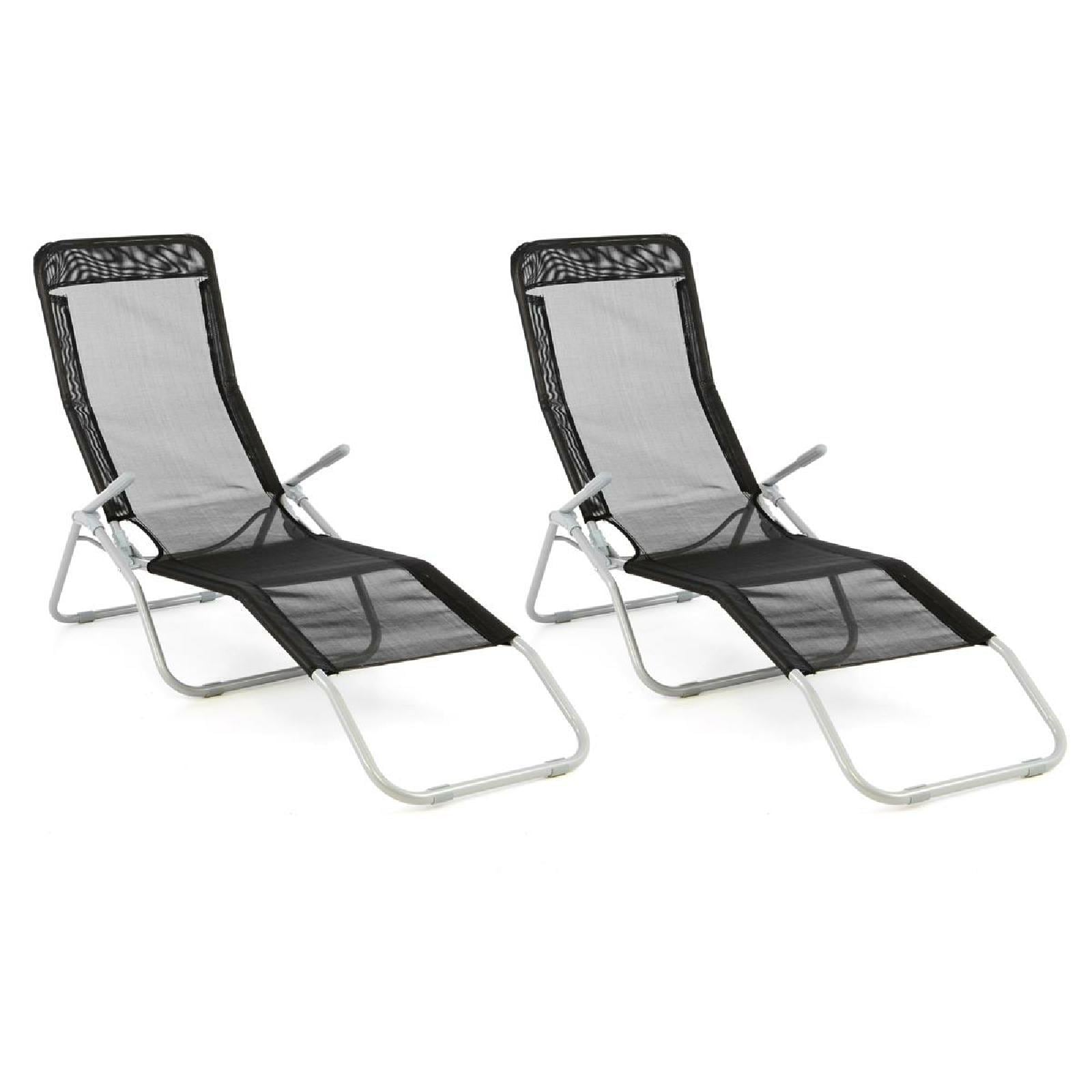 VCM Gartenliege 2er Set B&auml;derliege 160 cm Schwarz Armlehne Stahl Relaxliege klappbar 