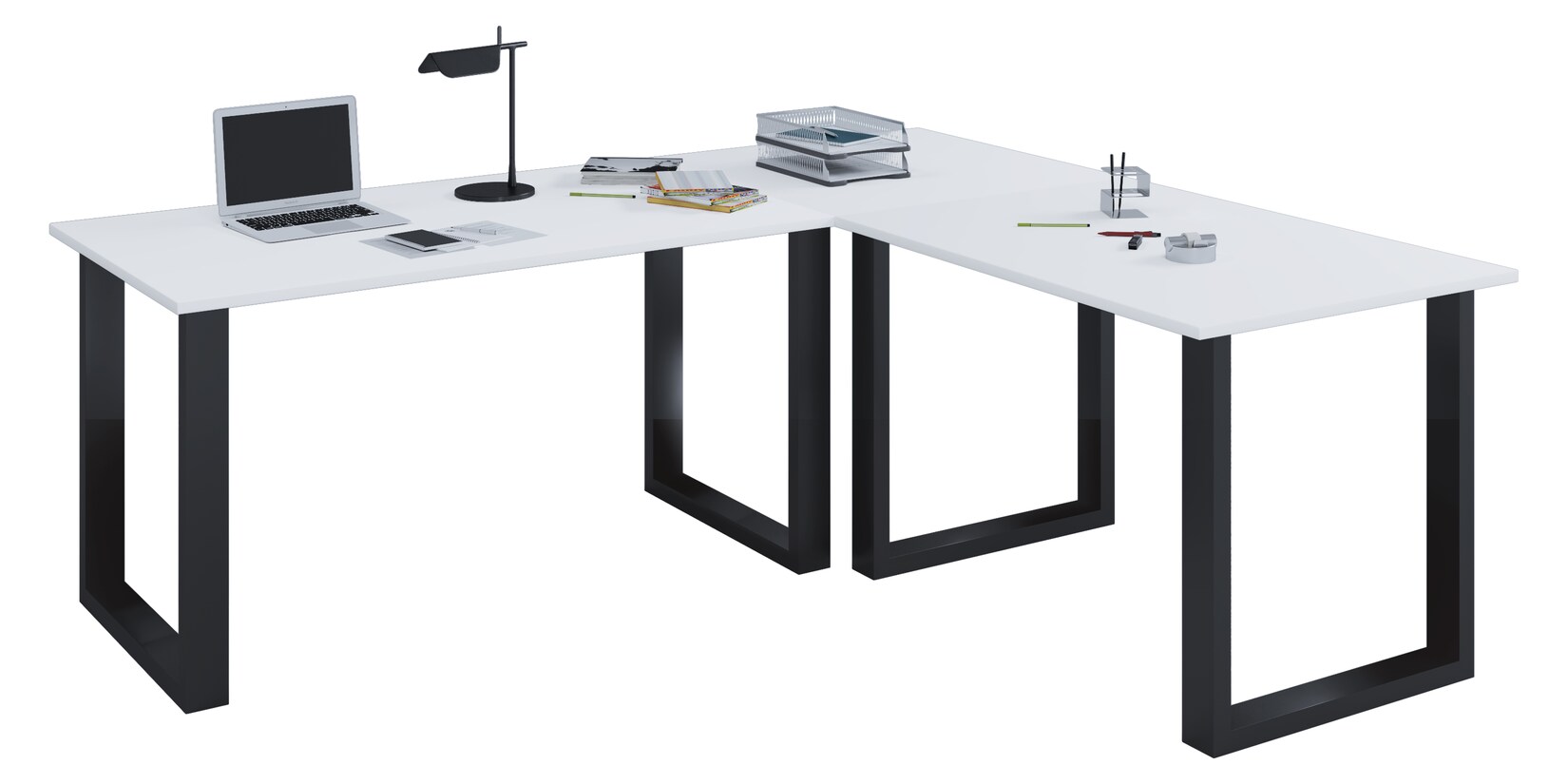 Lona Eckschreibtisch mit U-Fuß - weißes Holz und schwarzes Metall (190x160x50) von VCM Nordic