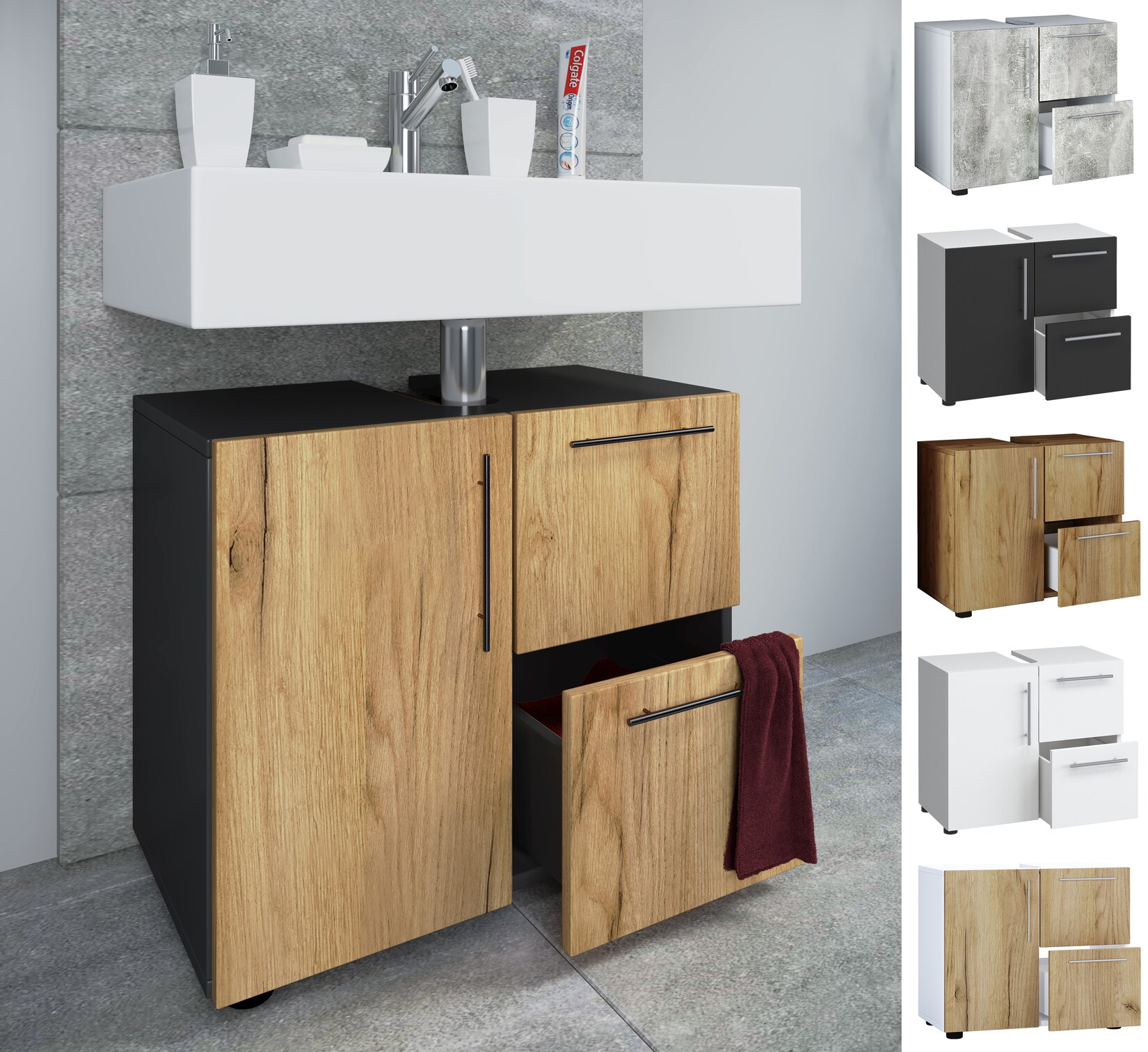 VCM Holz Waschbeckenunterschrank Badschrank Maße: H. 51 x B. 61 x T. 32 cm 1 Drehtür 2 große Schubladen modernes Badezimmermöbel - Flandu