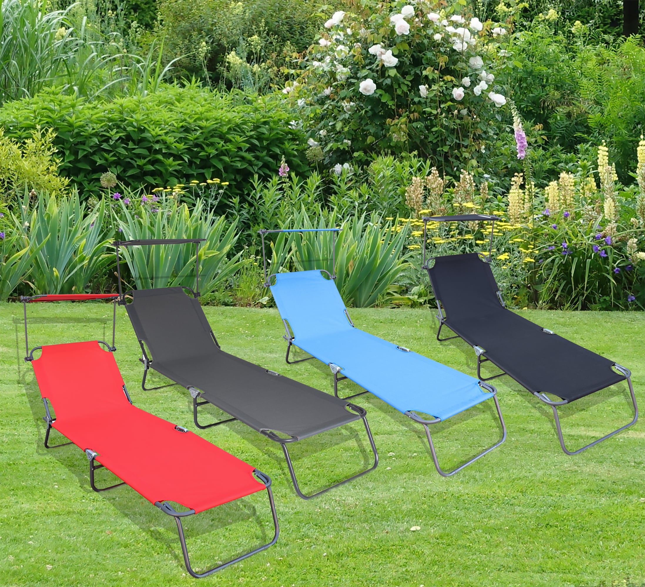 VCM Sonnenliege klappbar | Ma&szlig;e ca. L. 185 x H. 24 x B. 55 cm | Gartenliege faltbar | leicht und kompakt | Liegestuhl mit verstellbarem Sonnendach 