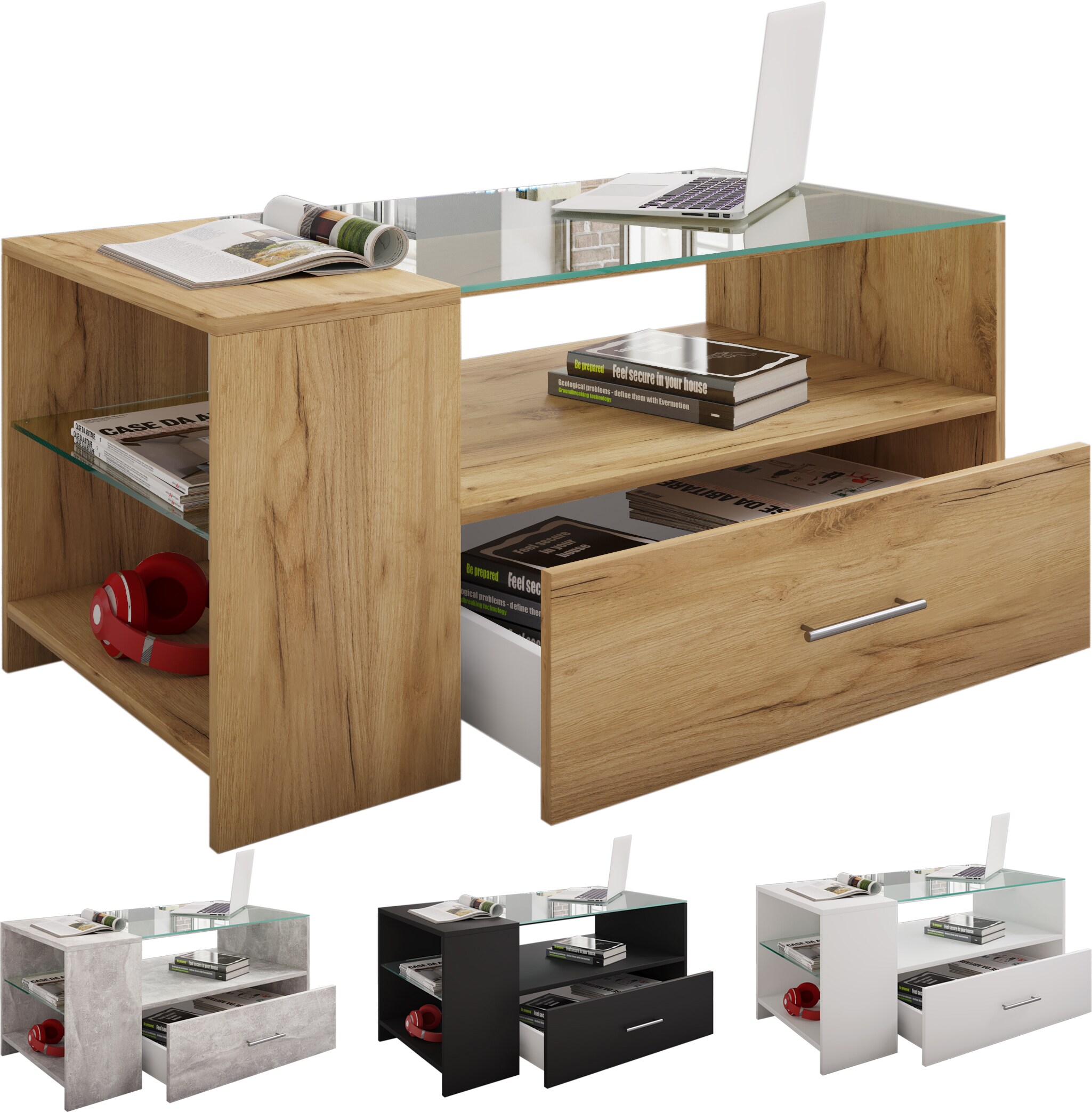 VCM Holz Couchtisch mit ESG-Sicherheitsglas | Sofatisch mit ausreichend Stauraum | Ma&szlig;e ca. H. 45 x B. 100 x T. 50 cm | Wohnzimmertisch mit Schublade - Tindala 