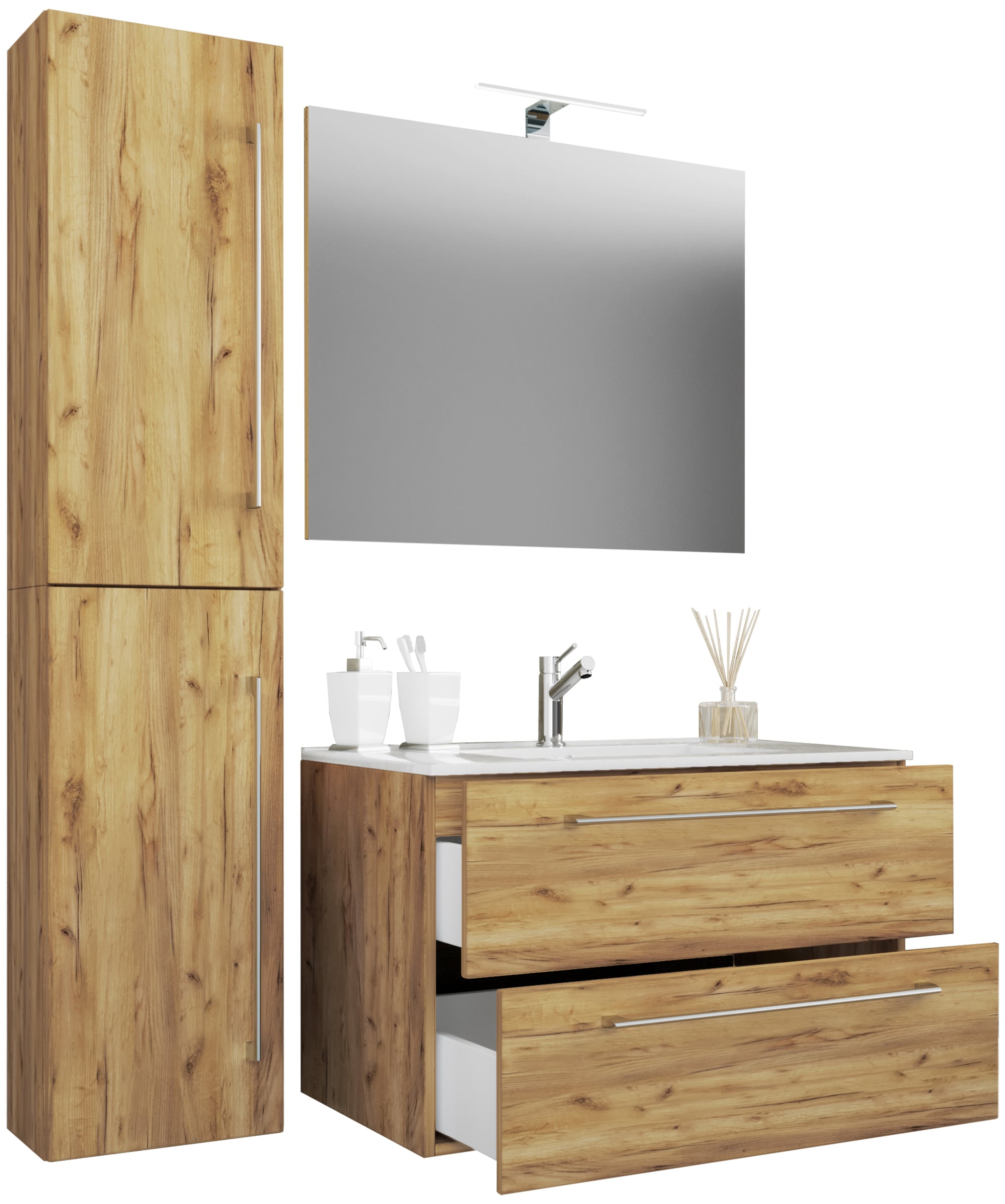 VCM 4-tlg. Waschplatz Waschtisch | Waschbecken Unterschrank Breite 60 cm | Badm&ouml;bel Set mit Schubladen Dreht&uuml;ren Spiegel | Badinos 