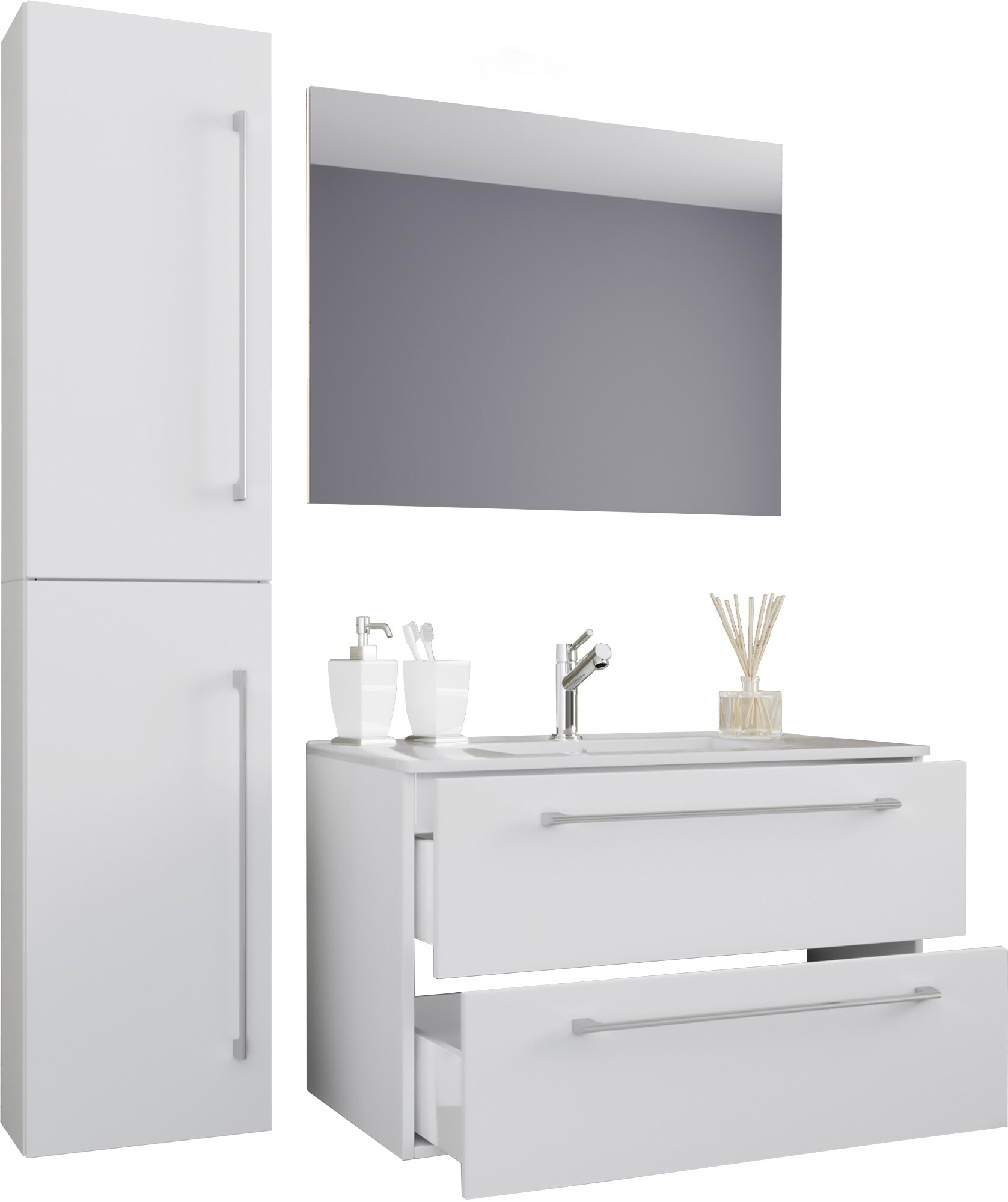 VCM 4-tlg. Waschplatz Waschtisch | Waschbecken Unterschrank Breite 80 cm | Badm&ouml;bel Set mit Schubladen Dreht&uuml;ren Spiegel | Badinos 