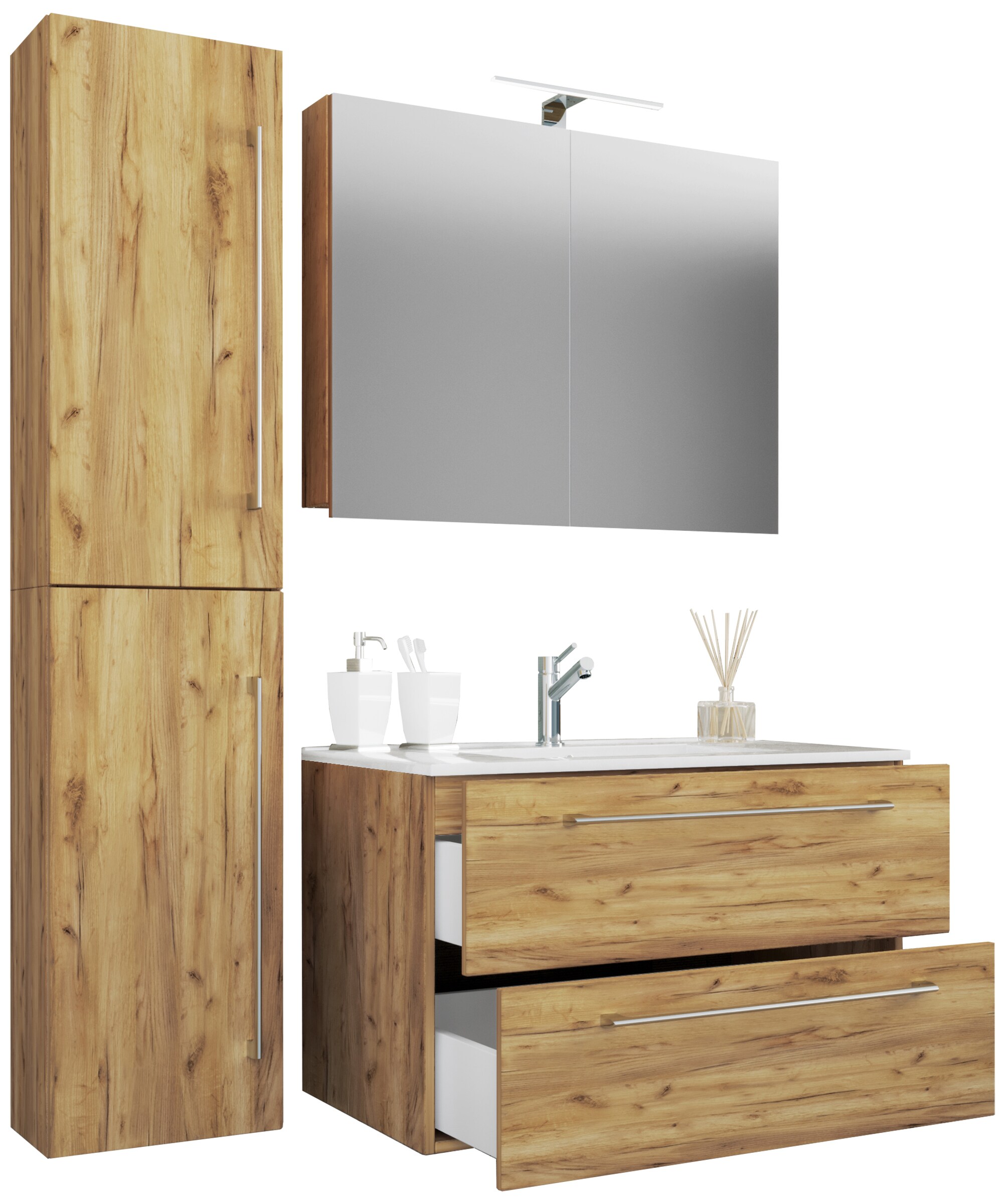 VCM 4-tlg. Waschplatz Waschtisch | Waschbecken Unterschrank Breite 60 cm | Badm&ouml;bel Set mit Schubladen Dreht&uuml;ren Spiegelschrank | Badinos 