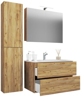 VCM 4-tlg. Waschplatz Waschtisch | Waschbecken Unterschrank Breite 60 cm | Badmöbel Set mit Schubladen Drehtüren Spiegelschrank | Badinos 