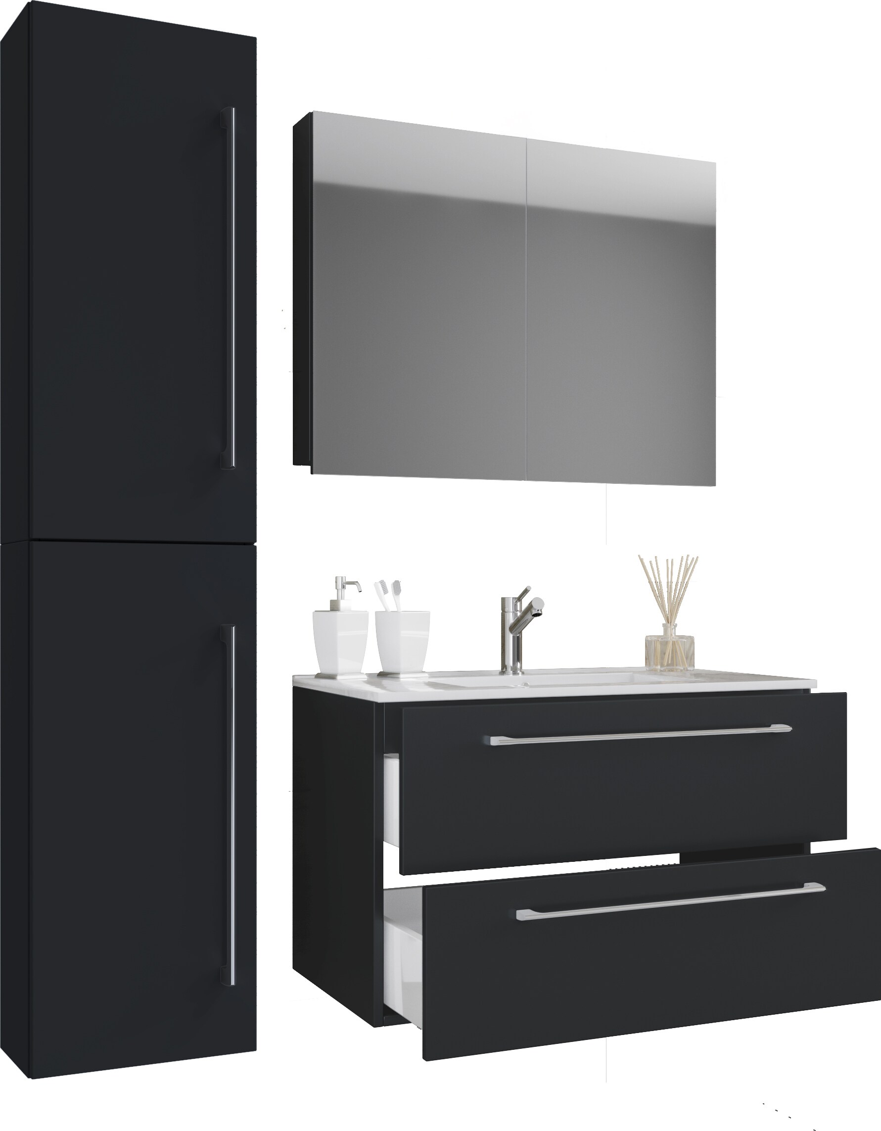 VCM 4-tlg. Waschplatz Waschtisch | Waschbecken Unterschrank Breite 80 cm | Badm&ouml;bel Set mit Schubladen Dreht&uuml;ren Spiegelschrank | Badinos 