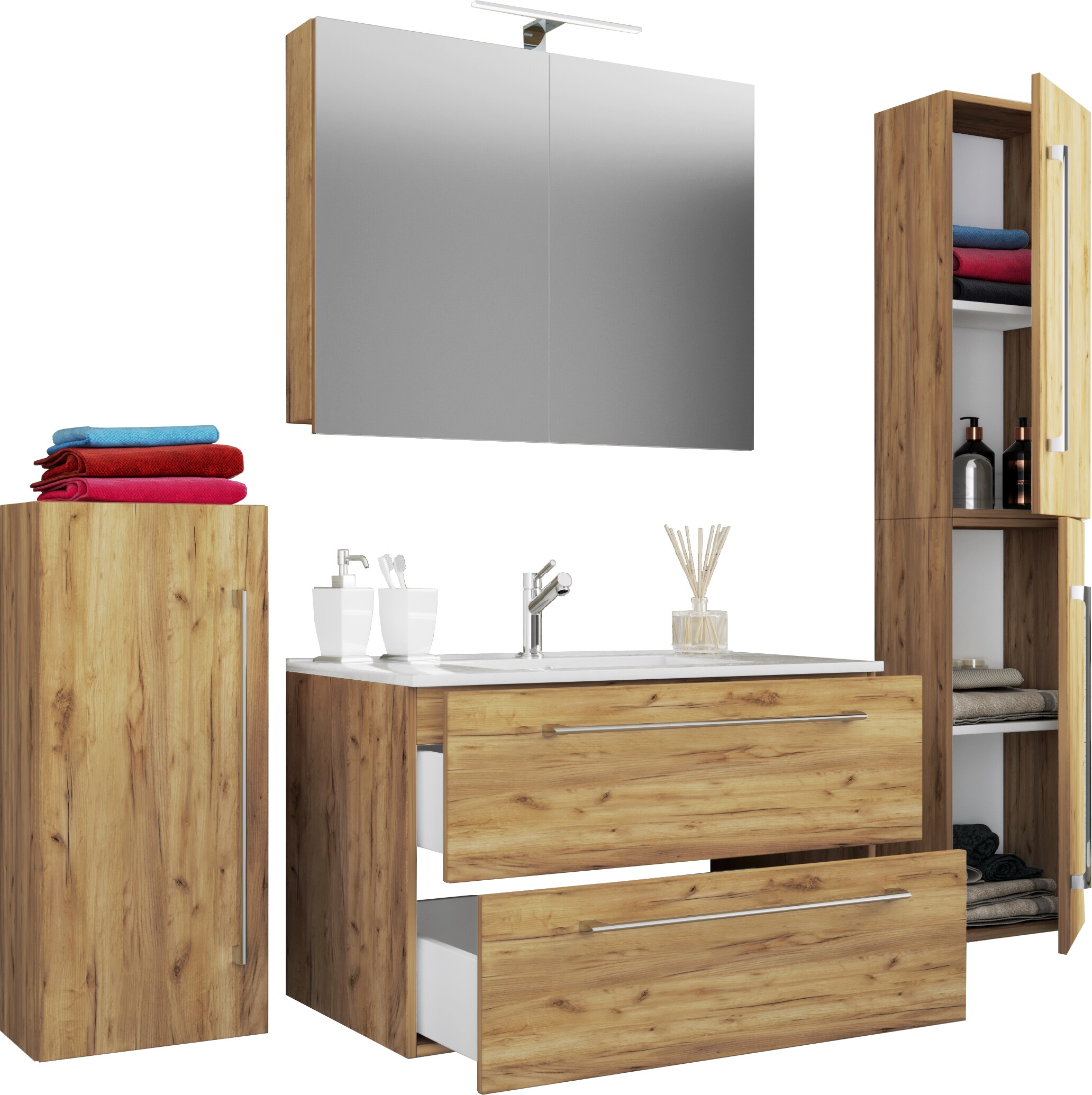 VCM 5-tlg. Set | 1 Waschtisch mit zwei Schubladen, 1 Spiegelschrank, 1 Waschbecken, 1 Midischrank, 1 Hochschrank | Keramik Waschbecken | h&auml;ngend Unterschrank 80 cm | Badm&ouml;bel Set Waschplatz &ndash; Badinos 