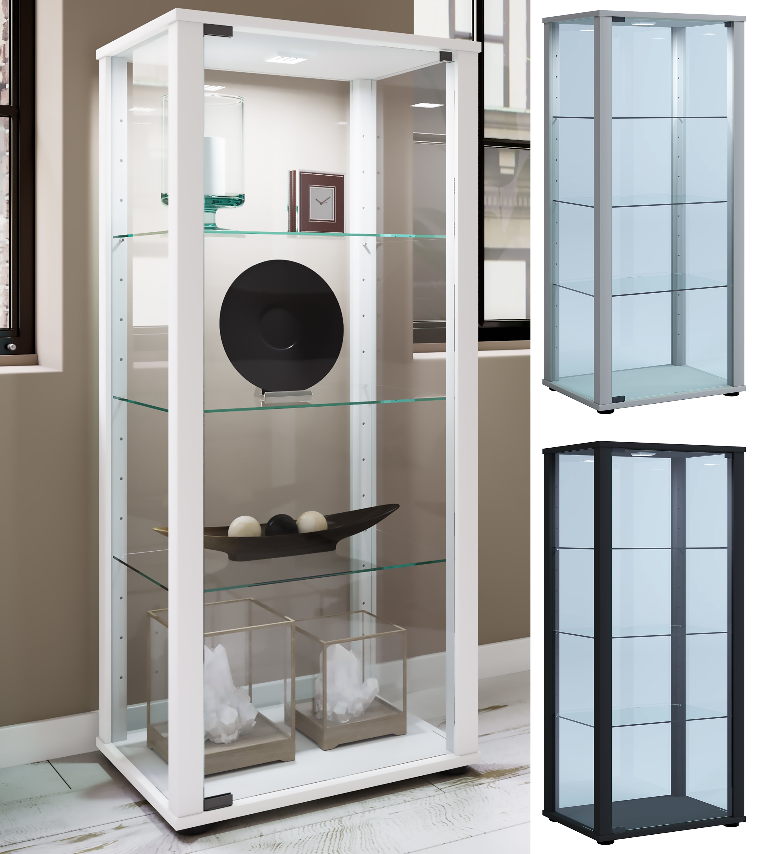 VCM Glasvitrine stehend | Vitrine Glas mit ESG-Sicherheitsglas | Ma&szlig;e ca. H. 115 x B. 50 x T. 38 cm | Standvitrine Glas | Modern und platzsparend | Glas Vitrinenschrank - Kavisa M 