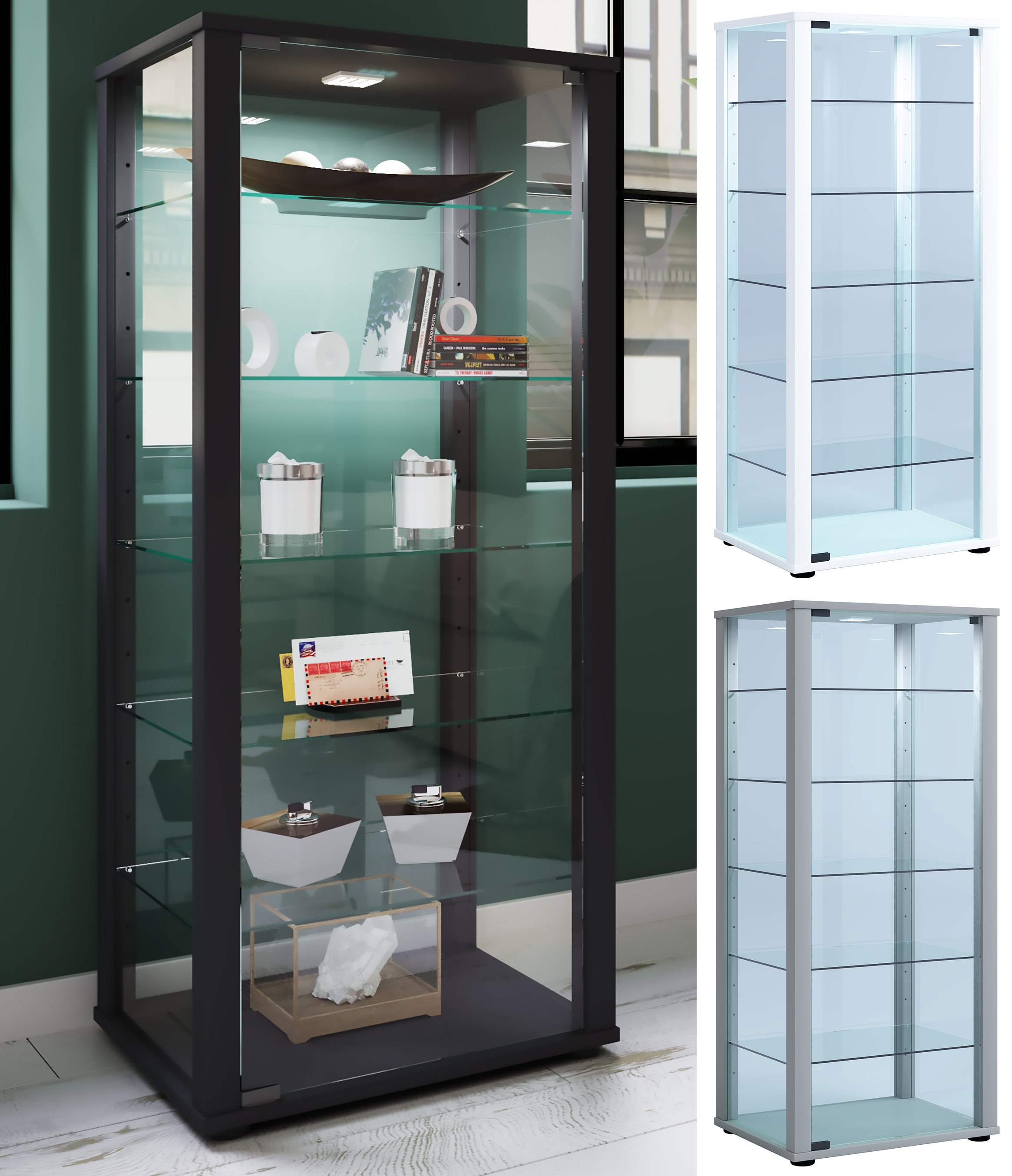 VCM Glasvitrine stehend | Vitrine Glas mit ESG-Sicherheitsglas | Ma&szlig;e ca. H. 115 x B. 50 x T. 38 cm | Standvitrine Glas | Modern und platzsparend | Glas Vitrinenschrank &ndash; Kavisa L 