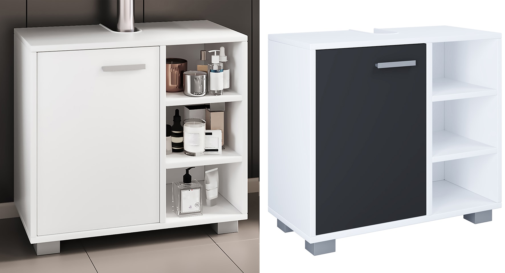 VCM Holz Waschbeckenunterschrank | Badschrank | Ma&szlig;e: H. 58 x B. 60 x T. 30 cm | 1 Dreht&uuml;r | 3 kleine offene Regalf&auml;cher - Zalo L 