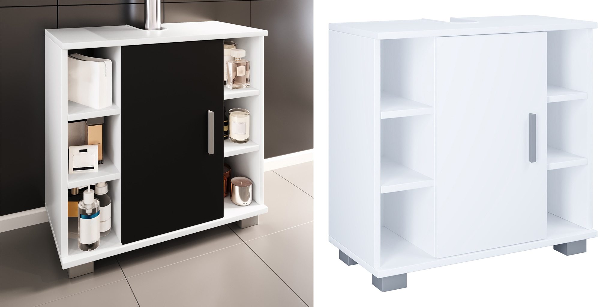 VCM Holz Waschbeckenunterschrank | Badschrank | Ma&szlig;e: H. 58 x B. 60 x T. 30 cm | 1 Dreht&uuml;r | 2 F&auml;cher | 6 kleine offene Regalf&auml;cher - Zalo M 