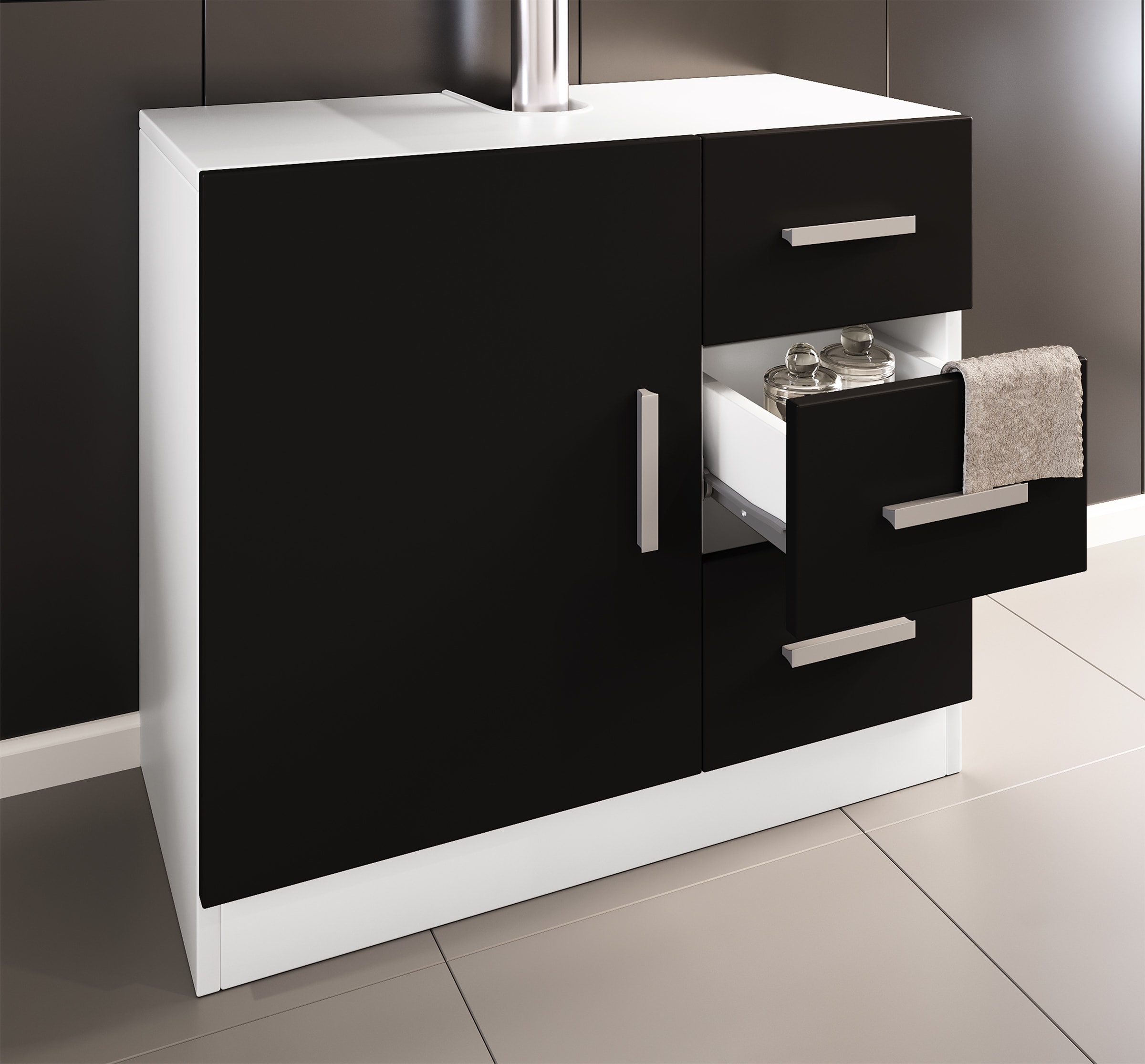 VCM Holz Waschbeckenunterschrank | Badschrank | Ma&szlig;e: H. 56 x B. 63 x T. 30 cm | 1 Dreht&uuml;r | 3 Schubladen | modernes Badezimmerm&ouml;bel &ndash; Zalo XL 