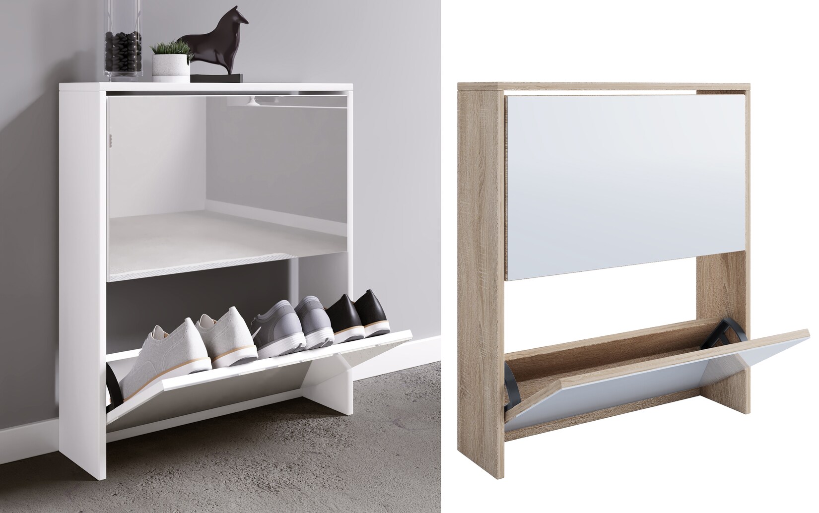 VCM Holz Schuhschrank Maße: H. 73 x B. 63 x T. 17 cm 2 Klappen mit Spiegel - Stido L