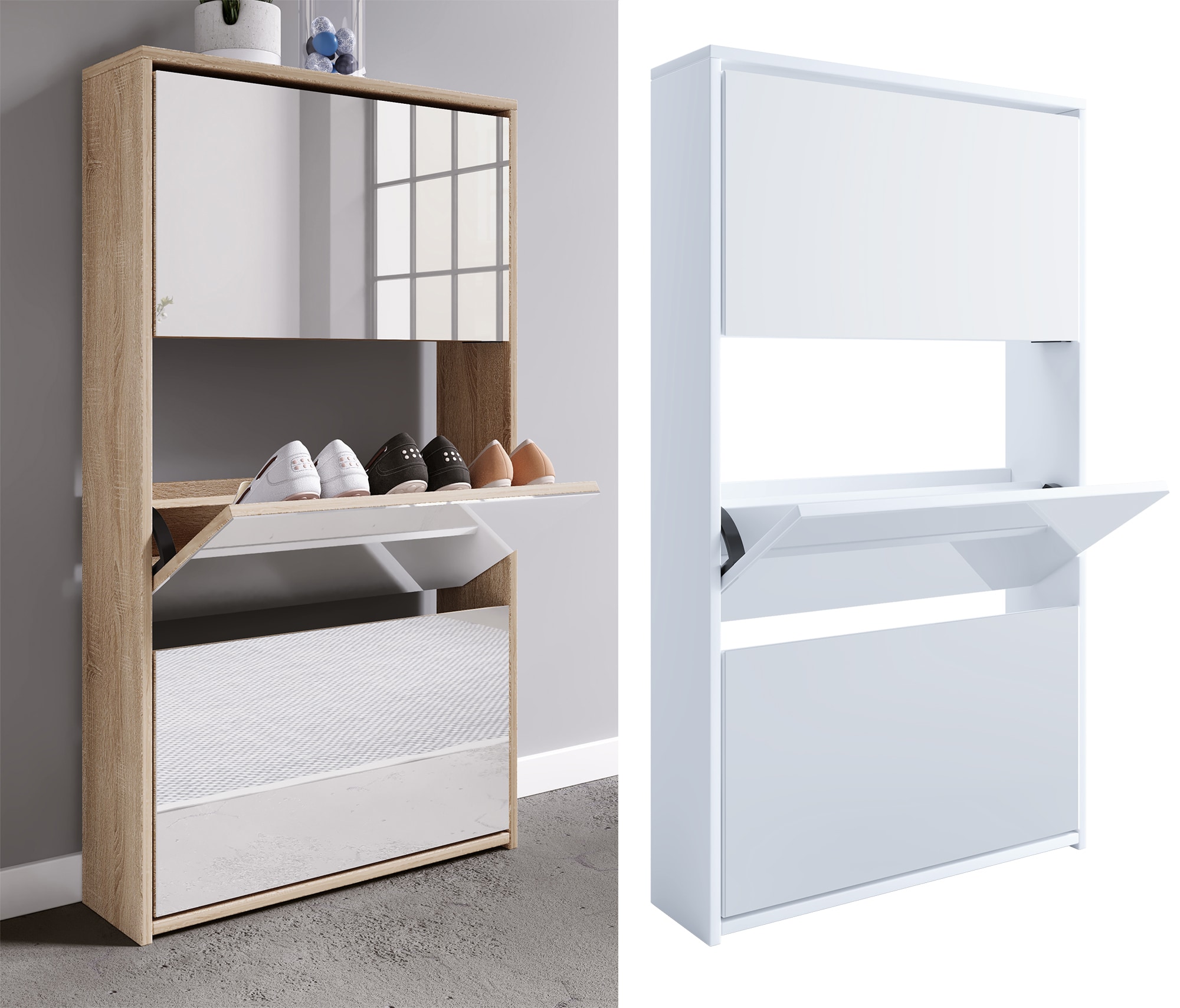 VCM Holz Schuhschrank | Ma&szlig;e: H. 112 x B. 63 x T. 17 cm | 3 Klappen mit Spiegel - Stido XL 