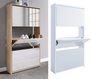 VCM Holz Schuhschrank | Maße: H. 112 x B. 63 x T. 17 cm | 3 Klappen mit Spiegel - Stido XL 