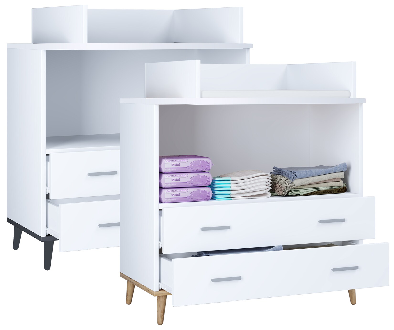 Wickeltisch Set   Wickelregal mit Wickelaufsatz   Maße H. 93 x B. 80 x T. 49   zwei Schubladen für Stauraum   Wickelkommode - Lindas