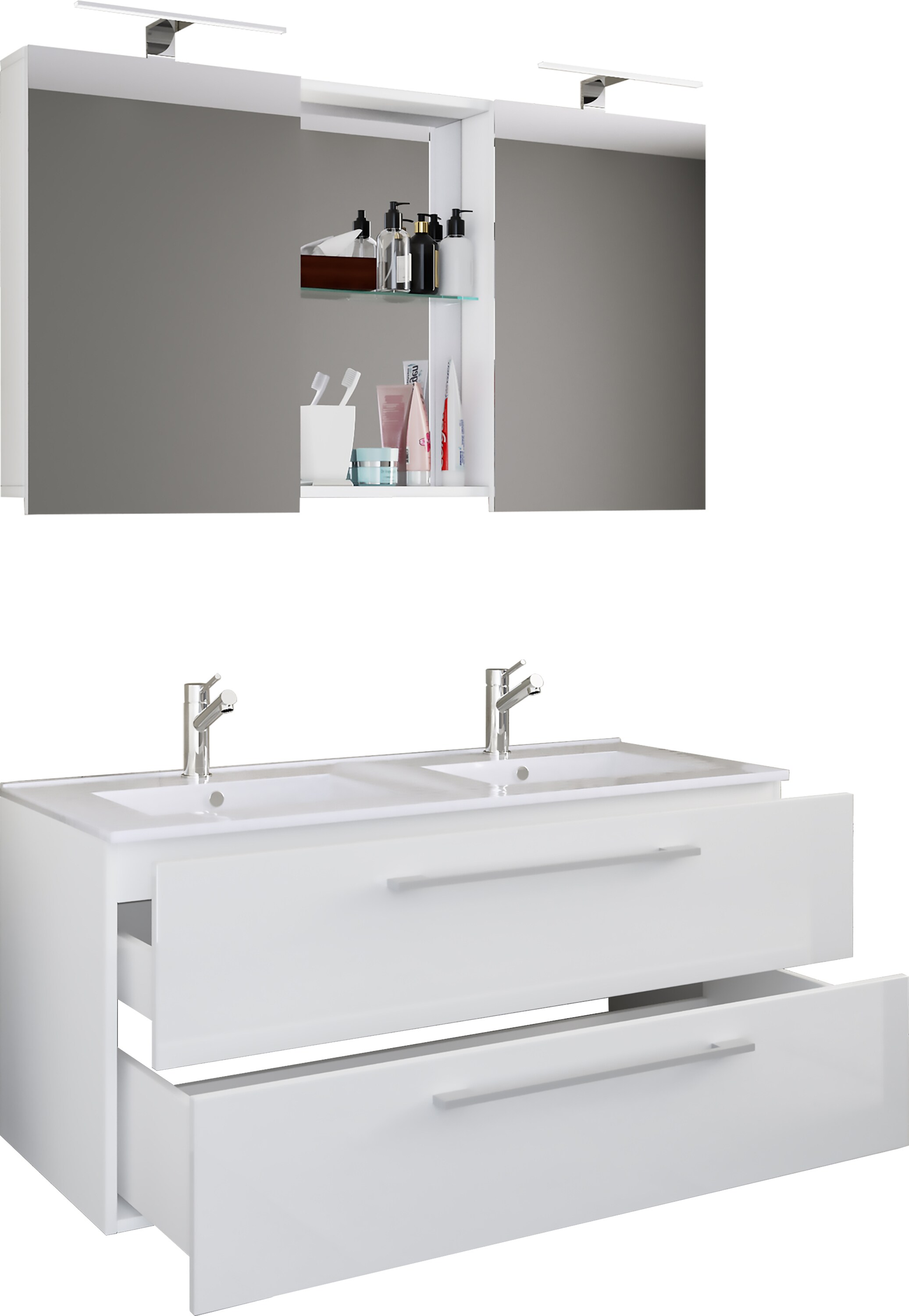 VCM 3-tlg. Doppel Waschplatz | 2x Waschtisch | Badm&ouml;bel Set mit Unterschrank, Waschbecken und Spiegelschrank | Doppelwaschbecken | Komplettset Budasi SC 